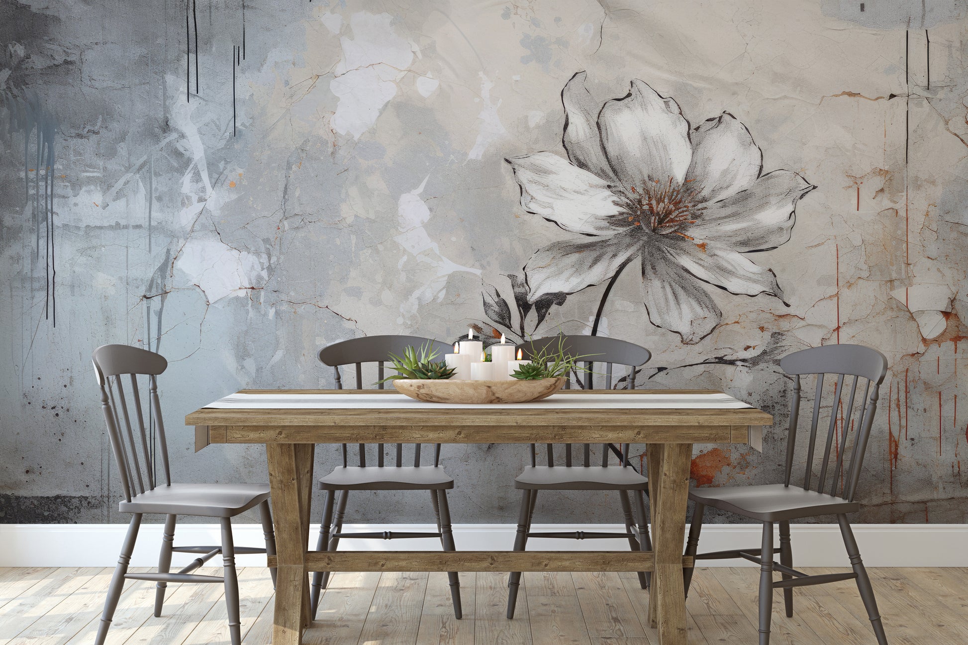 Wzór fototapety artystycznej o nazwie INDUSTRIAL FLOWER ELEGANCE pokazanej w aranżacji wnętrza.