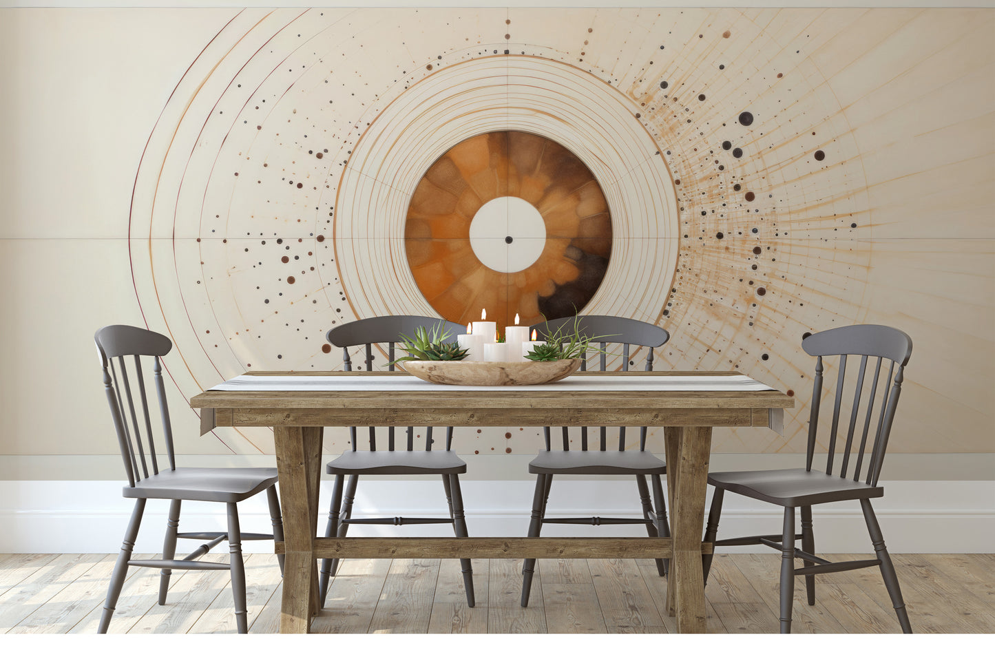 Fototapeta artystyczna o nazwie SOLAR ECHO IN WARM NEUTRALS pokazana w aranżacji wnętrza.