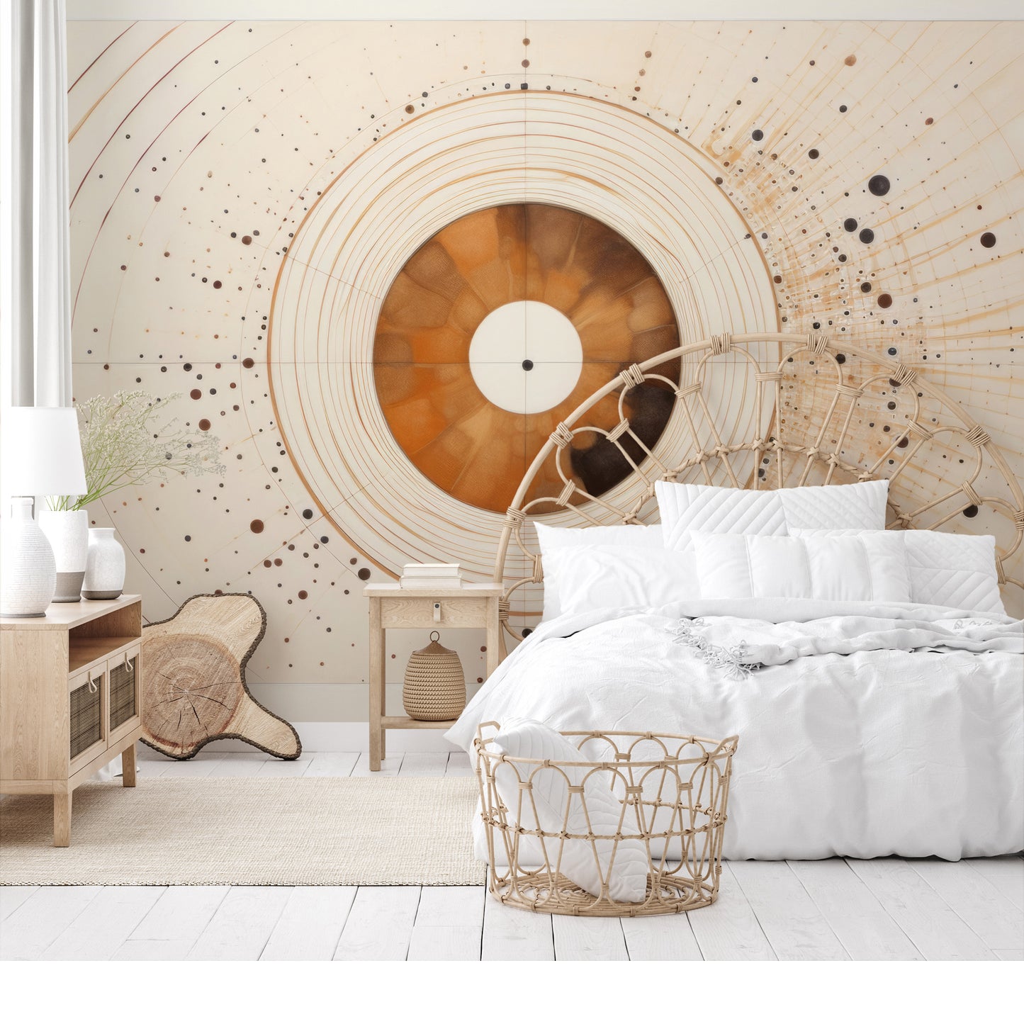 Wzór fototapety artystycznej o nazwie SOLAR ECHO IN WARM NEUTRALS pokazanej w aranżacji wnętrza.