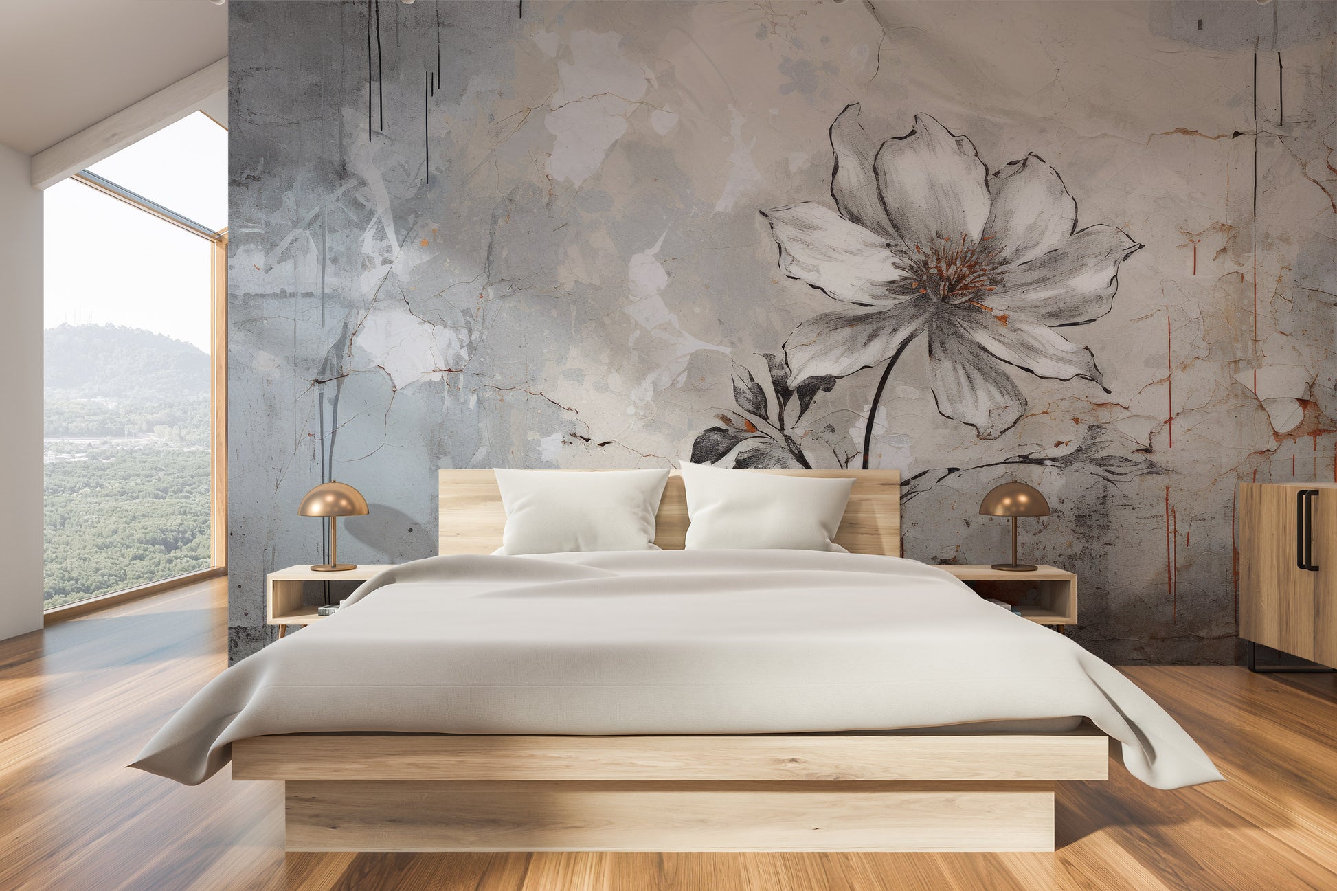 Wzór fototapety artystycznej o nazwie INDUSTRIAL FLOWER ELEGANCE pokazanej w aranżacji wnętrza.