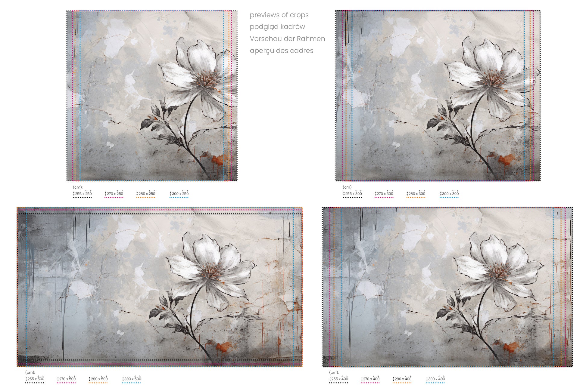 Na obrazie znajduje się prezentacja przykładowych rozmiarów fototapety o nazwie INDUSTRIAL FLOWER ELEGANCE. Rozmiar fototapety jest dowolny.