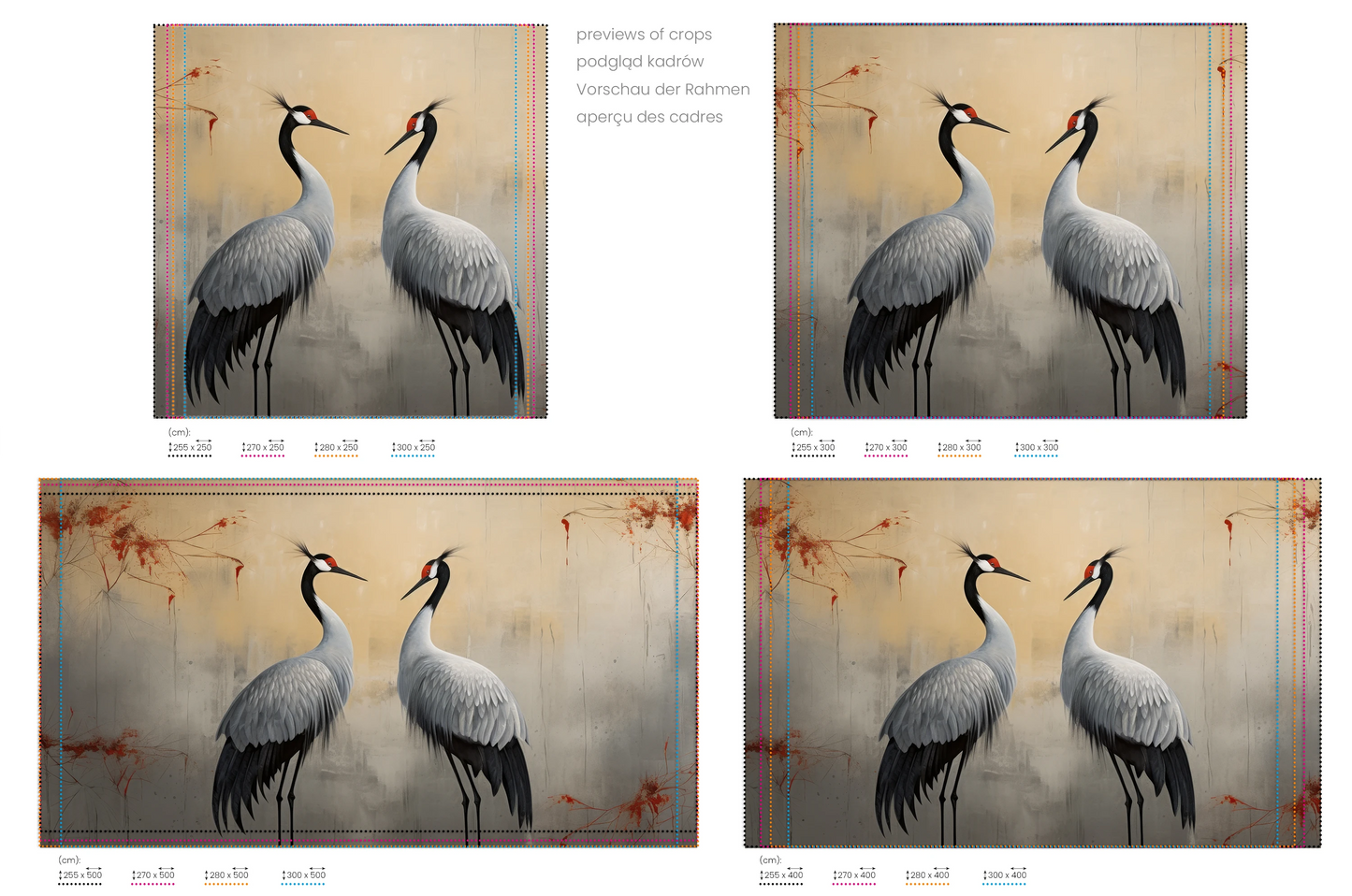 Na obrazie znajduje się prezentacja przykładowych rozmiarów fototapety o nazwie Crimson Echo. Rozmiar fototapety jest dowolny.