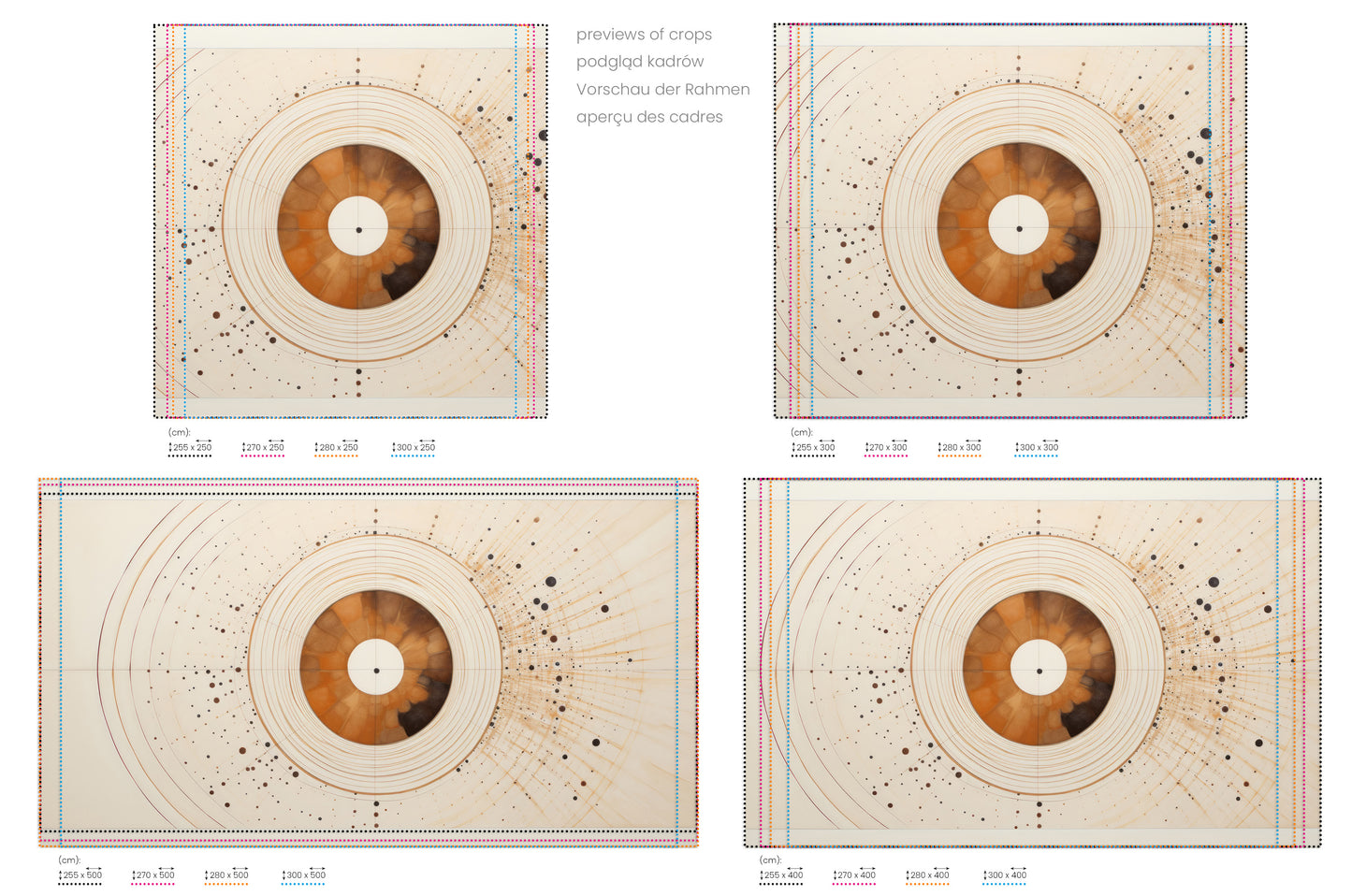 Na obrazie znajduje się prezentacja przykładowych rozmiarów fototapety o nazwie SOLAR ECHO IN WARM NEUTRALS. Rozmiar fototapety jest dowolny.