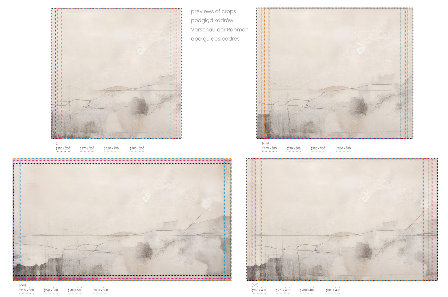 Na obrazie znajduje się prezentacja przykładowych rozmiarów fototapety o nazwie ETHEREAL CARTOGRAPHY. Rozmiar fototapety jest dowolny.
