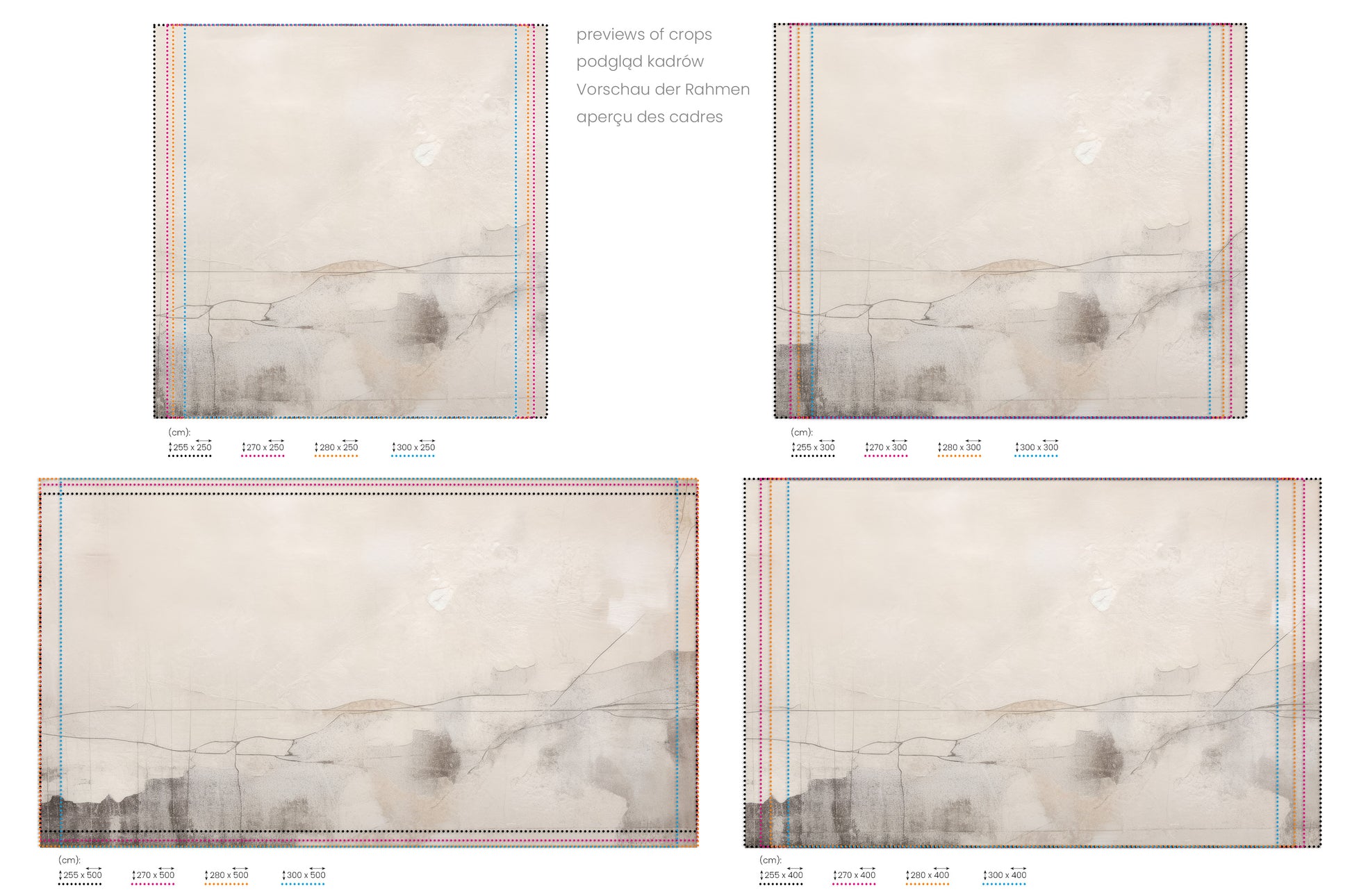 Na obrazie znajduje się prezentacja przykładowych rozmiarów fototapety o nazwie ETHEREAL CARTOGRAPHY. Rozmiar fototapety jest dowolny.