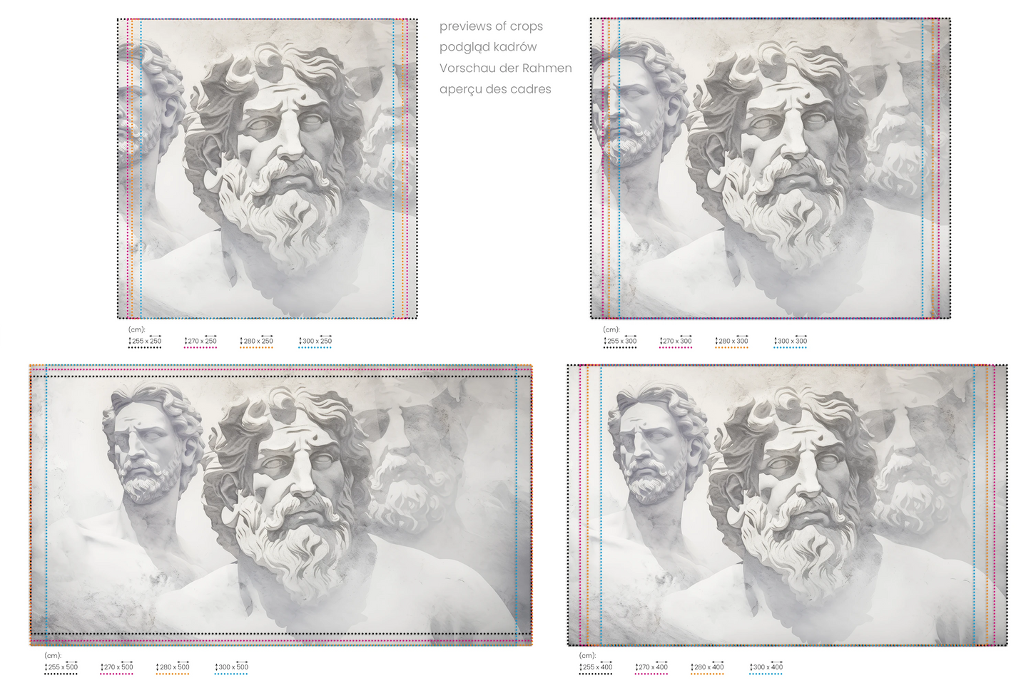 Na obrazie znajduje się prezentacja przykładowych rozmiarów fototapety o nazwie Dialogues of Antiquity. Rozmiar fototapety jest dowolny.