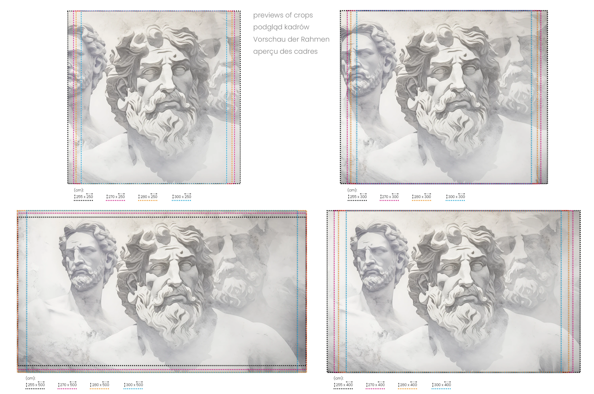 Na obrazie znajduje się prezentacja przykładowych rozmiarów fototapety o nazwie Dialogues of Antiquity. Rozmiar fototapety jest dowolny.