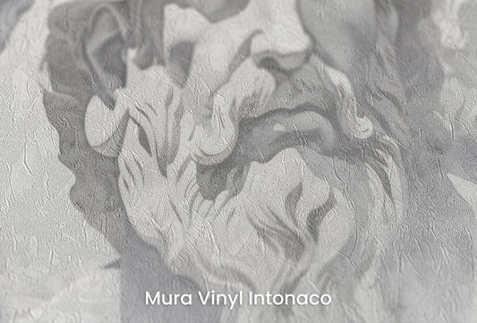 Zbliżenie na artystyczną fototapetę o nazwie Dialogues of Antiquity na podłożu Mura Vinyl Intonaco - struktura tartego tynku.