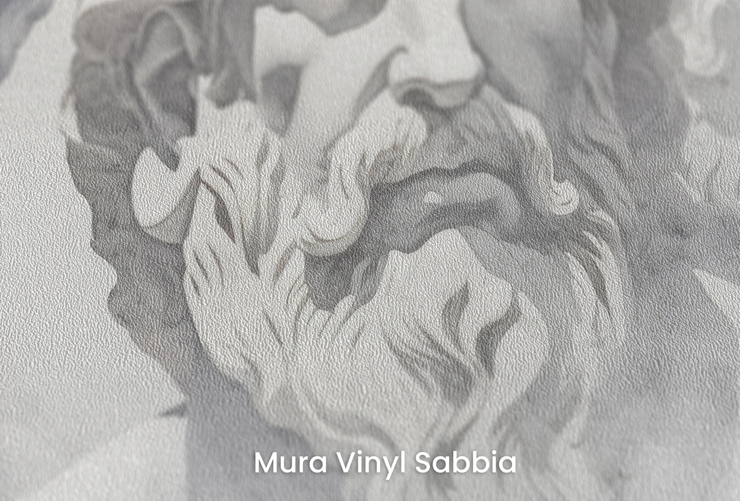 Zbliżenie na artystyczną fototapetę o nazwie Dialogues of Antiquity na podłożu Mura Vinyl Sabbia struktura grubego ziarna piasku.