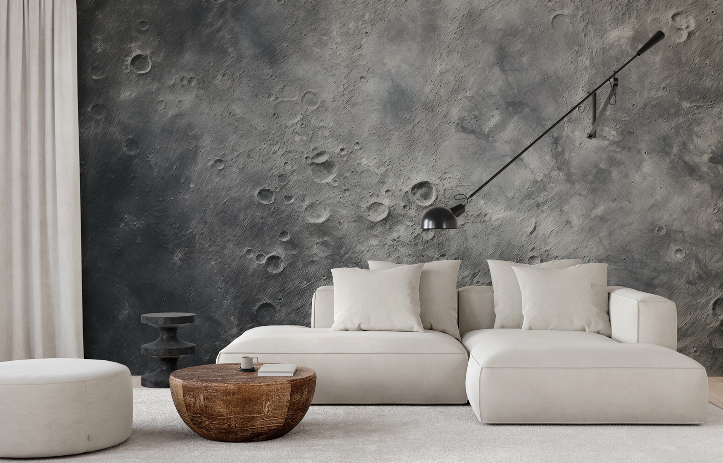 Zdjęcie prezentuje aranżację wnętrza z użyciem fototapety o nazwie Moon's Monochrome 2 pokazanej w aranżacji wnętrza.