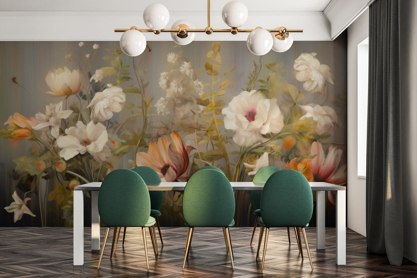 Wzór fototapety o nazwie Misty Floral Canvas pokazanej w kontekście pomieszczenia.