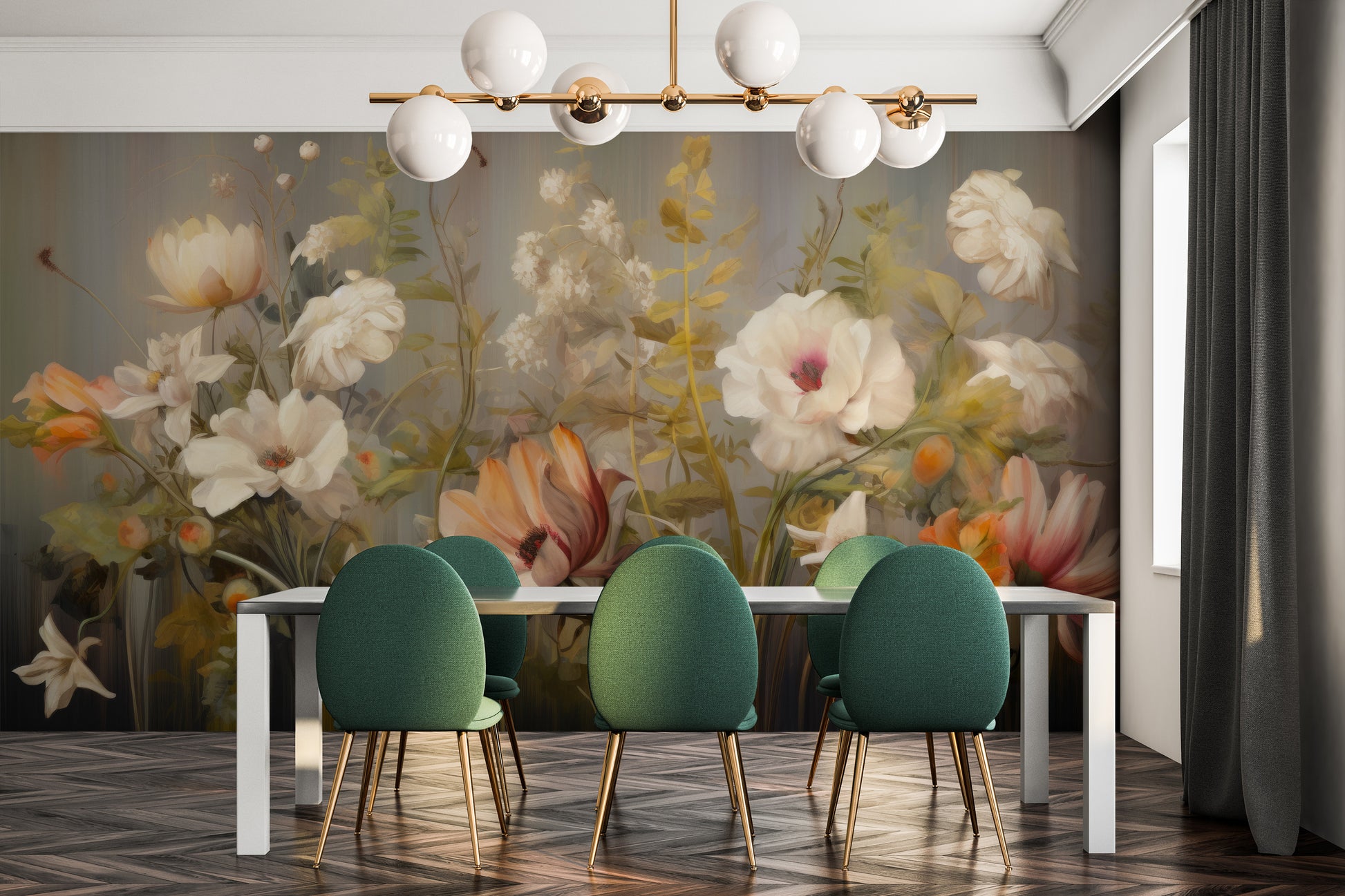 Wzór fototapety o nazwie Misty Floral Canvas pokazanej w kontekście pomieszczenia.