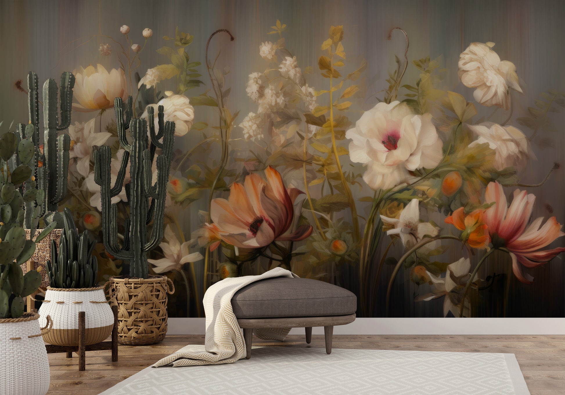 Wzór fototapety artystycznej o nazwie Misty Floral Canvas pokazanej w aranżacji wnętrza.