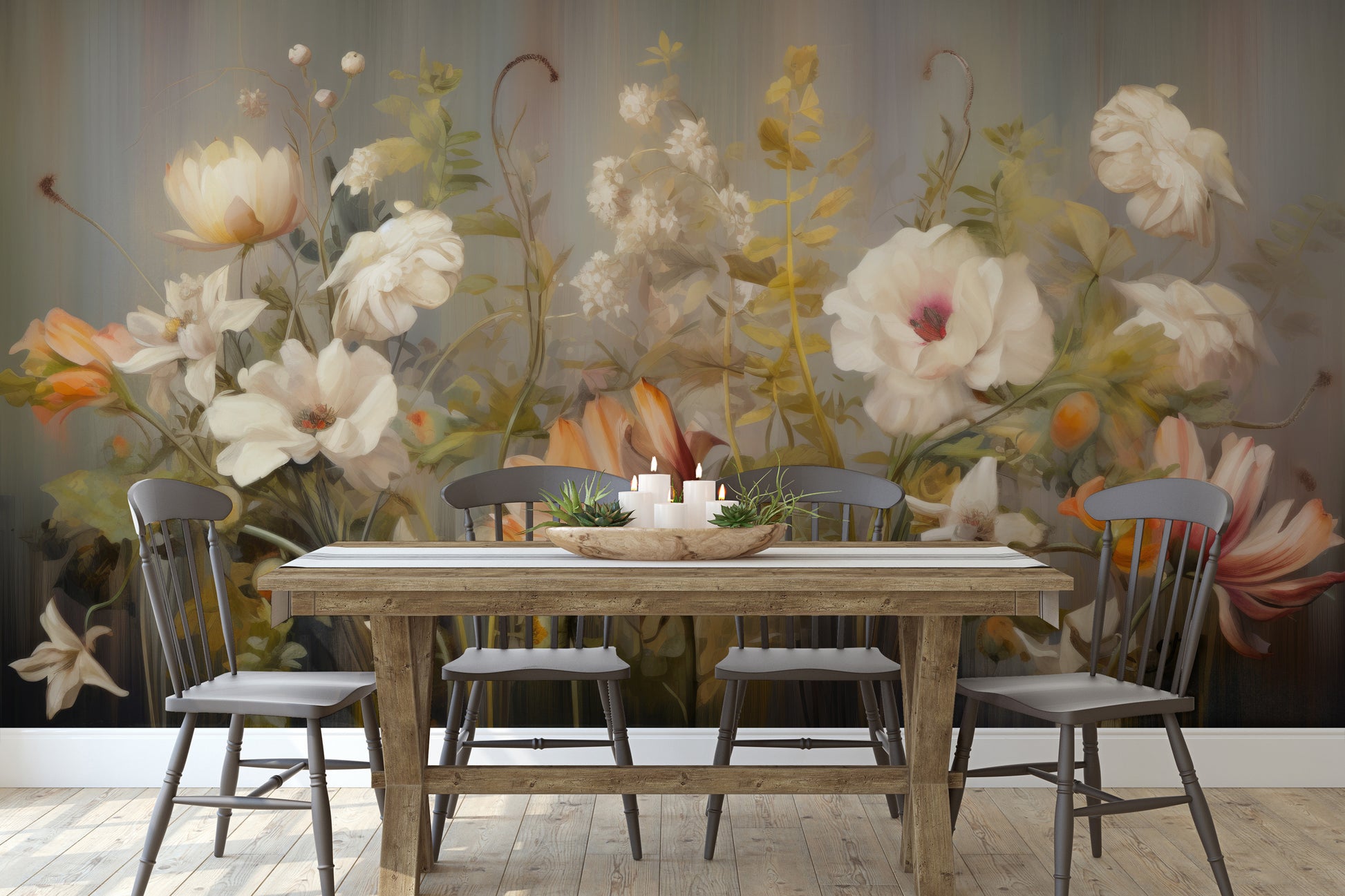 Fototapeta artystyczna o nazwie Misty Floral Canvas pokazana w aranżacji wnętrza.