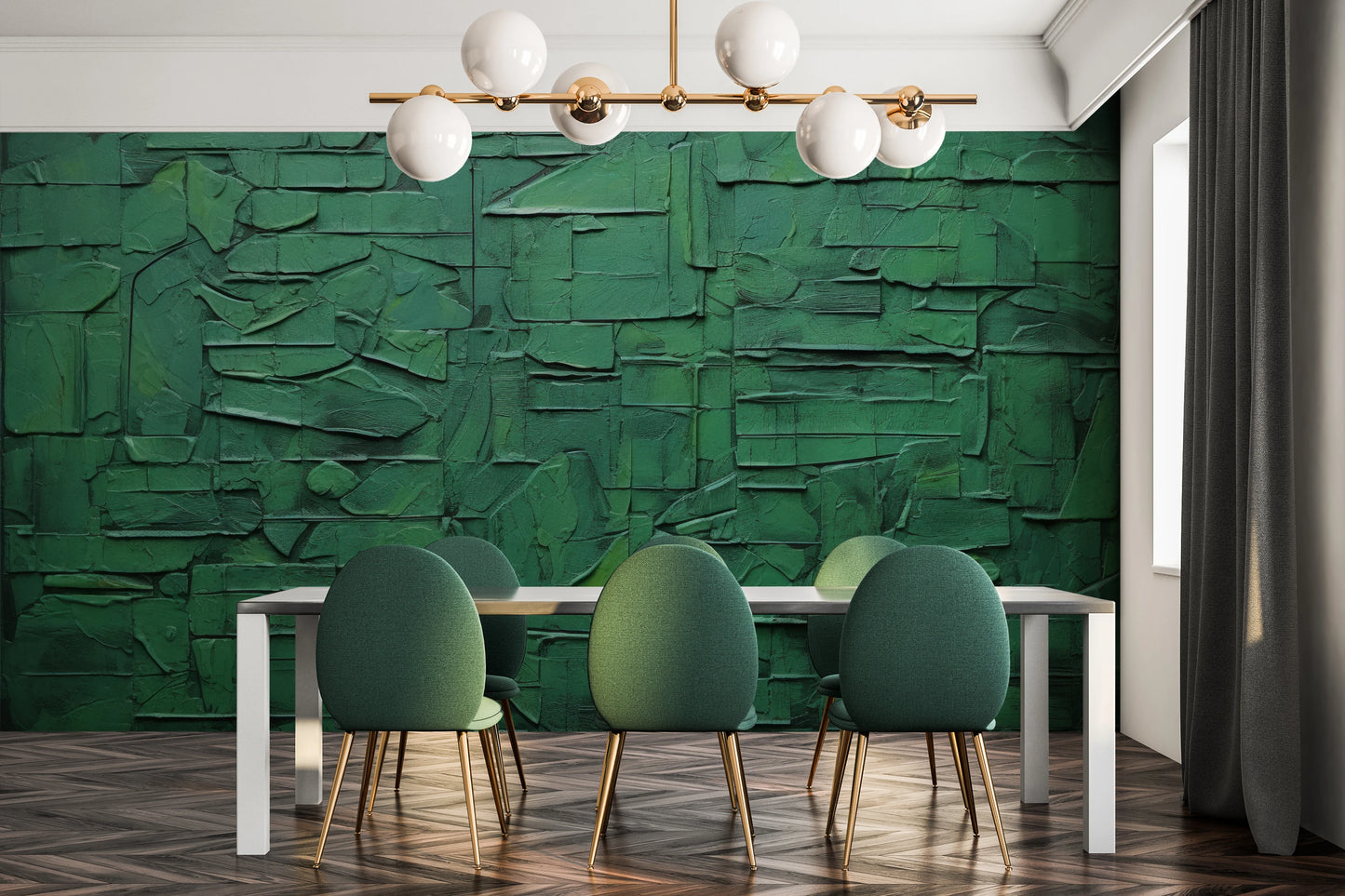 Wzór fototapety artystycznej o nazwie Verdant Fragments pokazanej w aranżacji wnętrza.