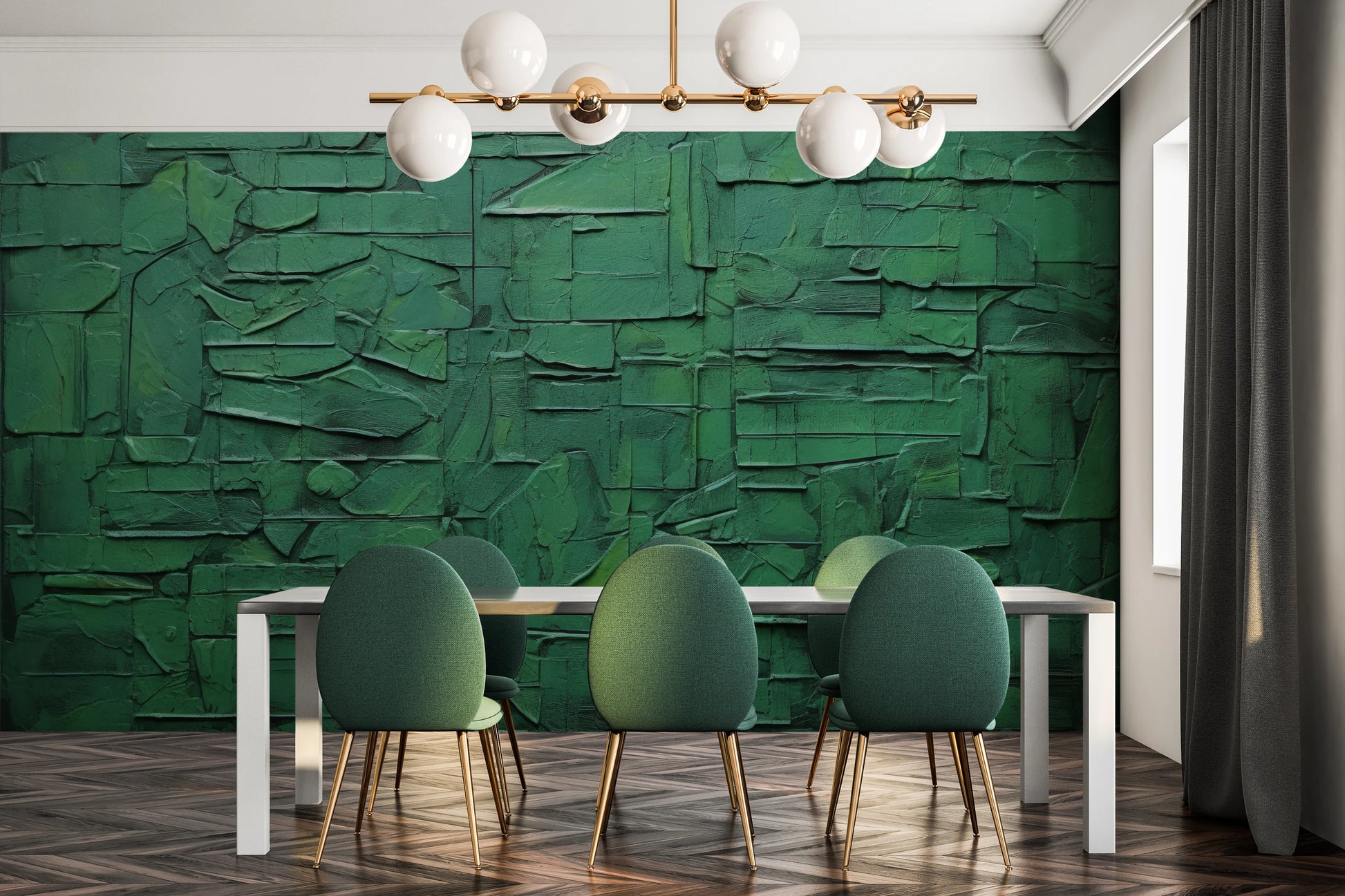 Wzór fototapety artystycznej o nazwie Verdant Fragments pokazanej w aranżacji wnętrza.