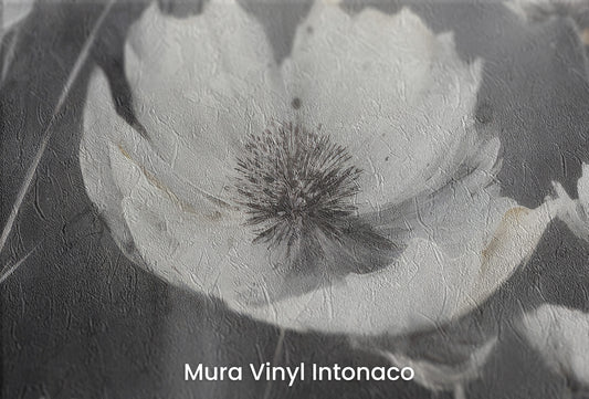 Zbliżenie na artystyczną fototapetę o nazwie ETHEREAL NOCTURNE BLOOMS na podłożu Mura Vinyl Intonaco - struktura tartego tynku.