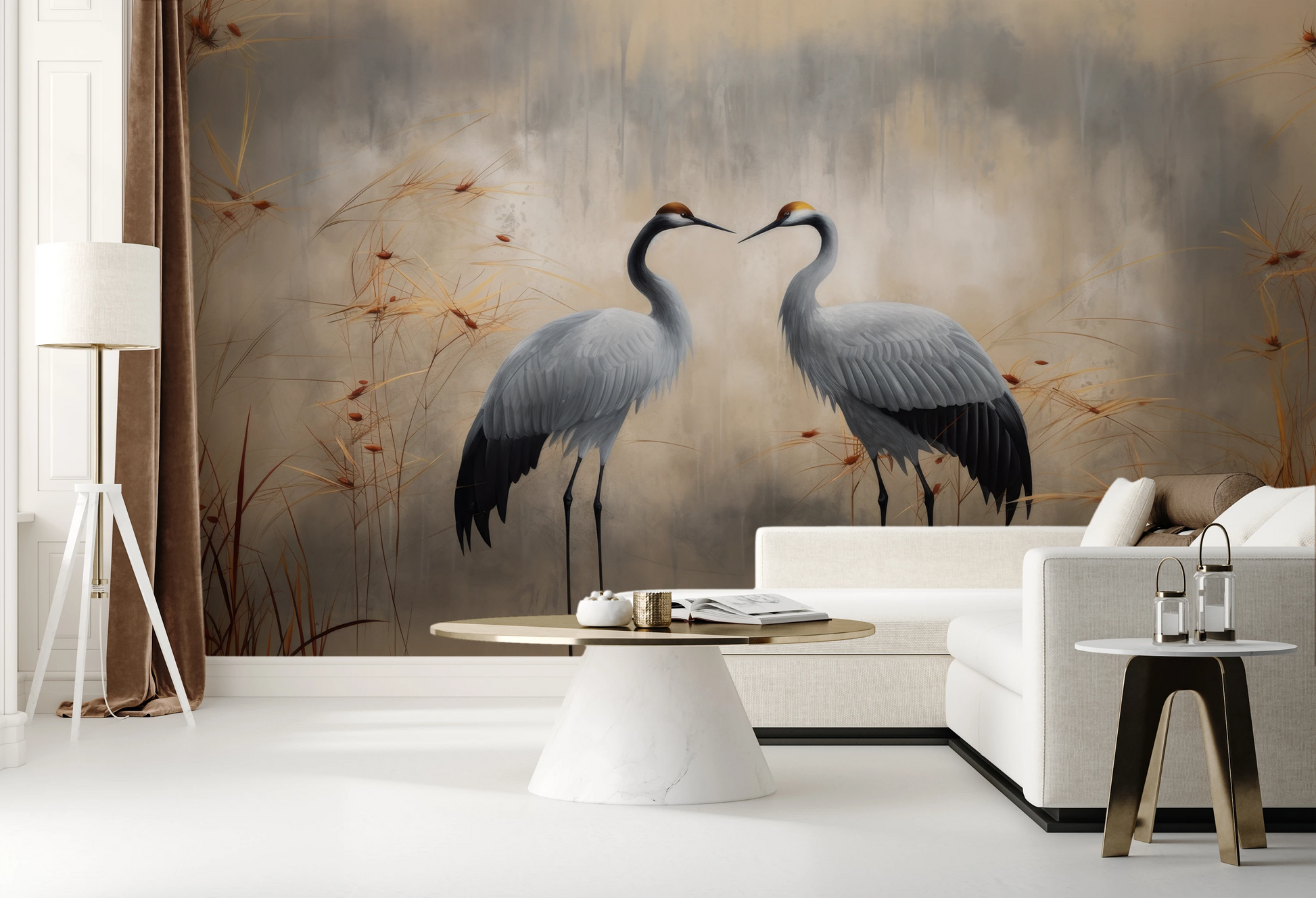 Zdjęcie prezentuje aranżację wnętrza z użyciem fototapety o nazwie Tender Reunion pokazanej w aranżacji wnętrza.