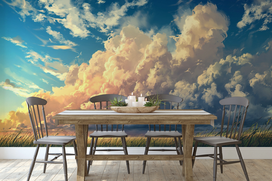 Wzór fototapety artystycznej o nazwie Golden Harvest pokazanej w aranżacji wnętrza.