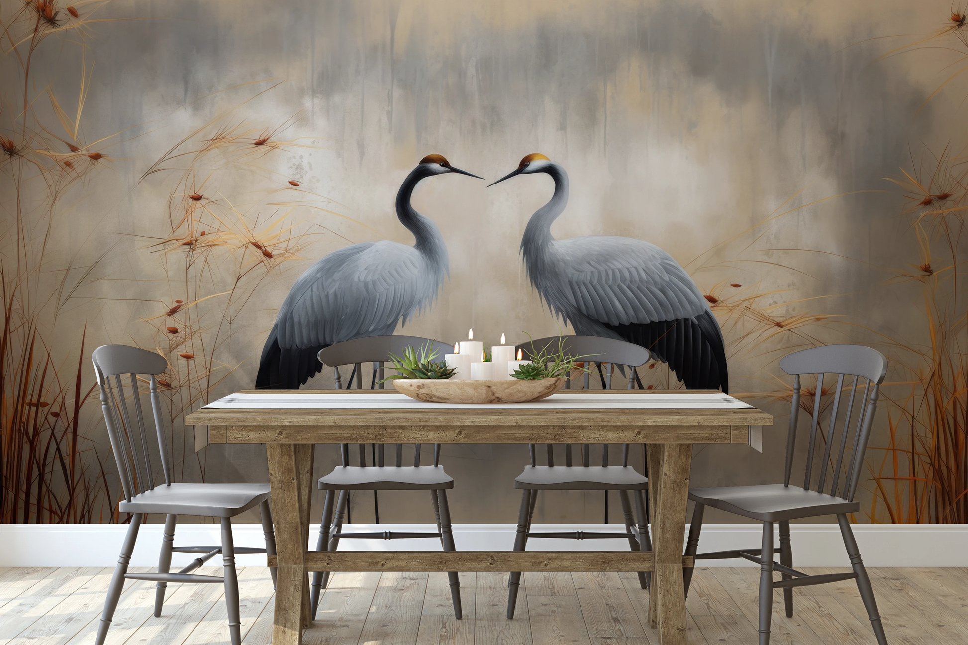 Wzór fototapety artystycznej o nazwie Tender Reunion pokazanej w aranżacji wnętrza.