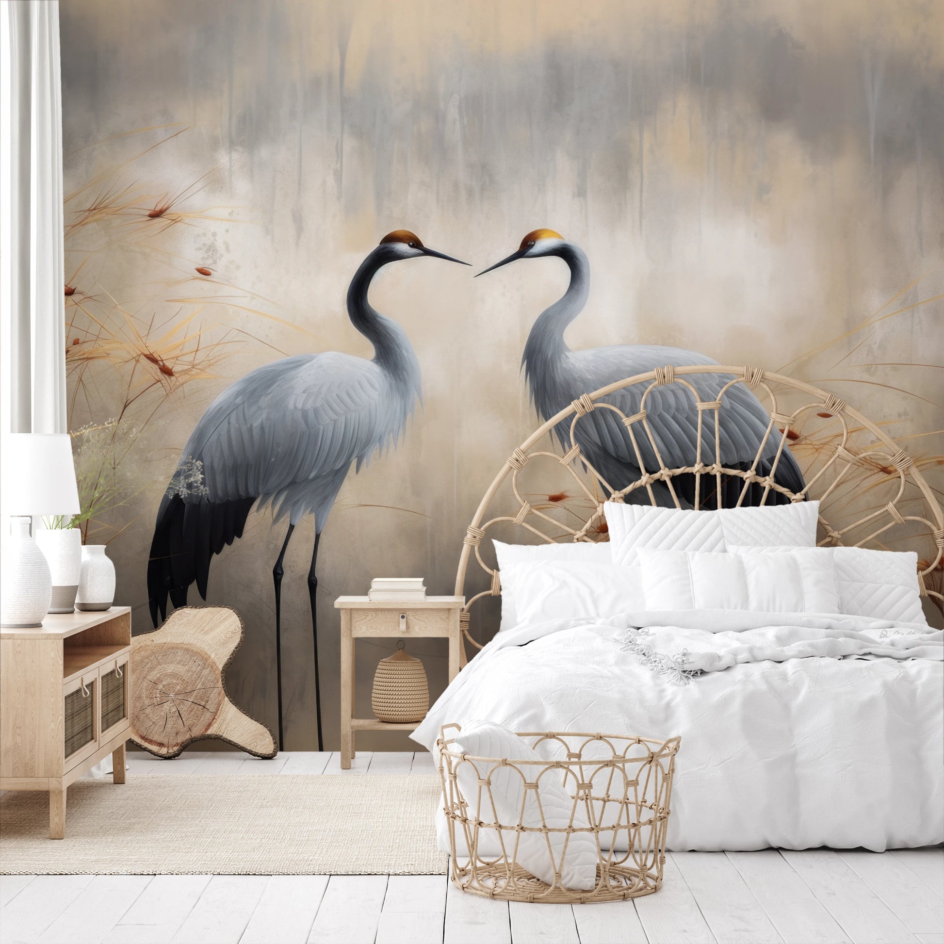 Wzór fototapety malowanej o nazwie Tender Reunion pokazanej w aranżacji wnętrza.