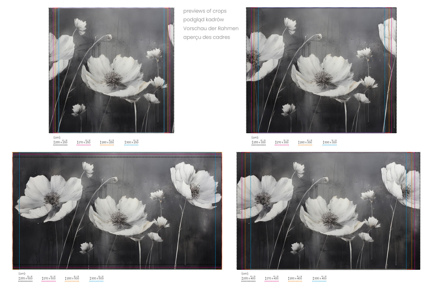 Na obrazie znajduje się prezentacja przykładowych rozmiarów fototapety o nazwie ETHEREAL NOCTURNE BLOOMS. Rozmiar fototapety jest dowolny.