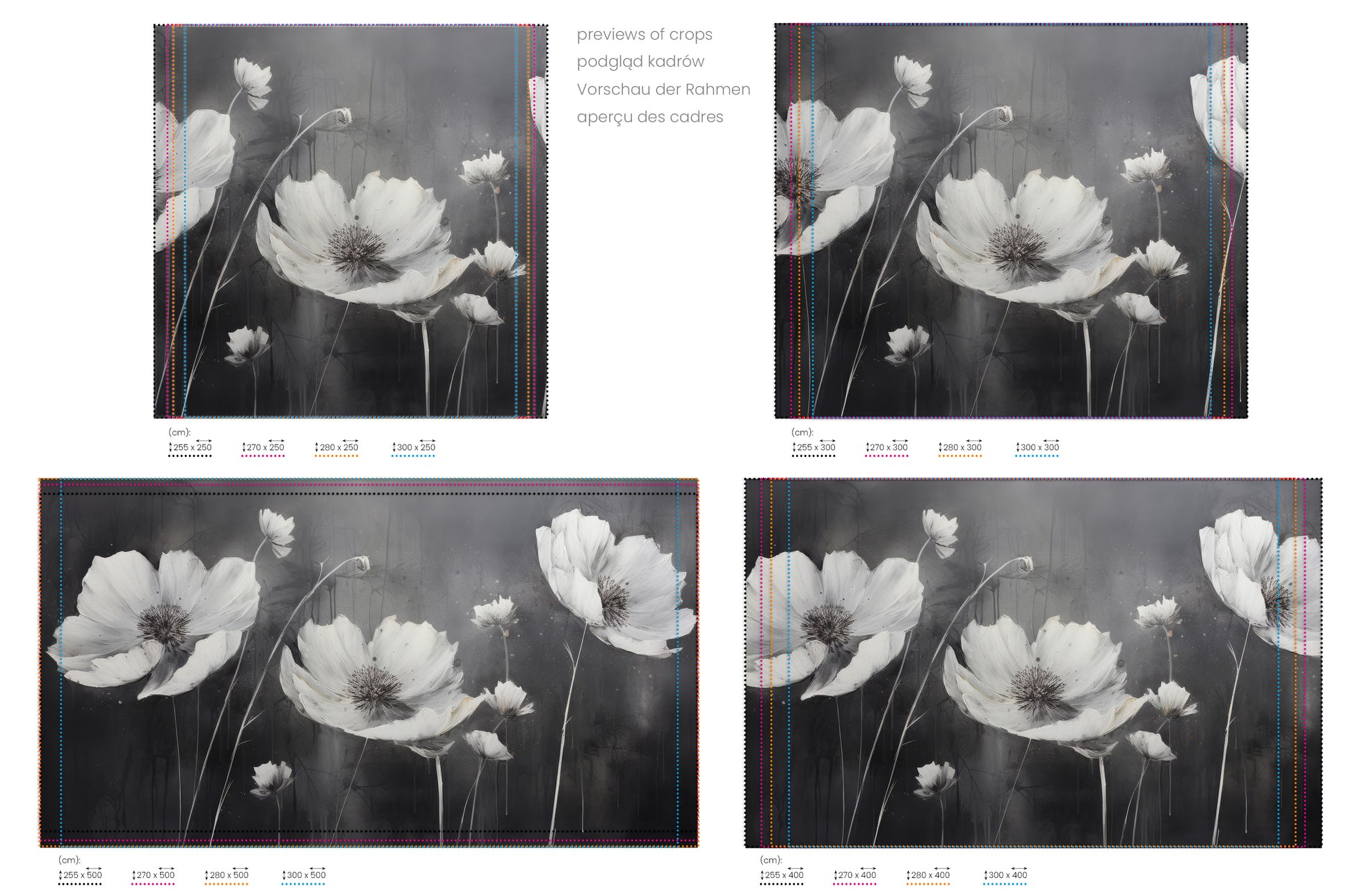 Na obrazie znajduje się prezentacja przykładowych rozmiarów fototapety o nazwie ETHEREAL NOCTURNE BLOOMS. Rozmiar fototapety jest dowolny.