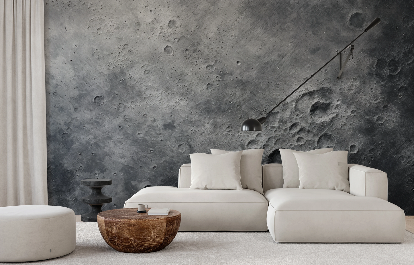 Zdjęcie prezentuje aranżację wnętrza z użyciem fototapety o nazwie Lunar Detail pokazanej w aranżacji wnętrza.