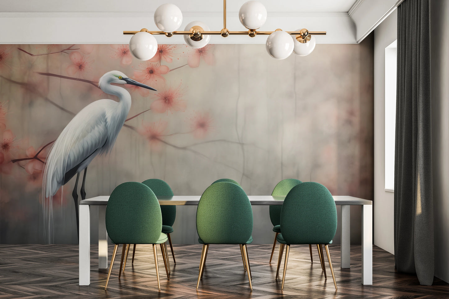 Fototapeta artystyczna o nazwie Peaceful Heron pokazana w aranżacji wnętrza.