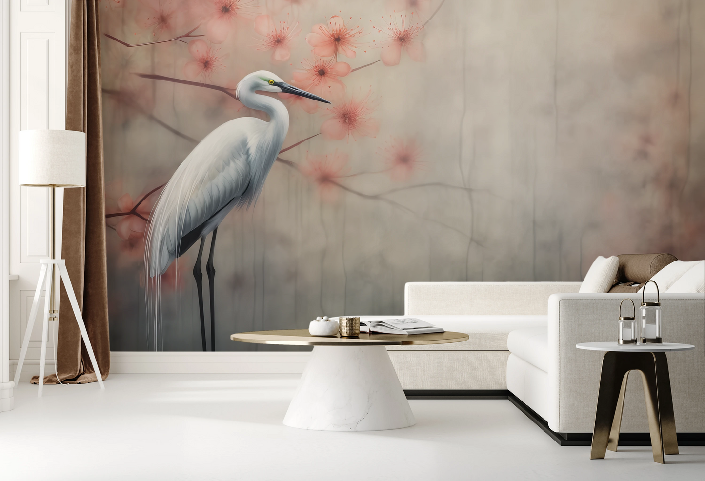 Wzór fototapety malowanej o nazwie Peaceful Heron pokazanej w aranżacji wnętrza.