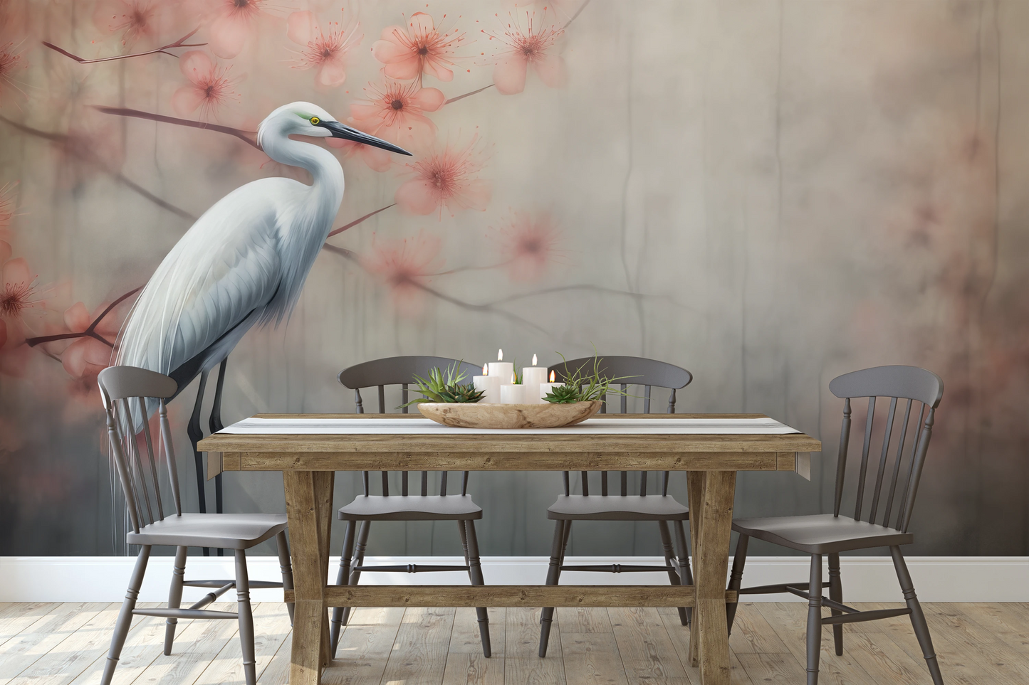 Wzór fototapety o nazwie Peaceful Heron pokazanej w kontekście pomieszczenia.