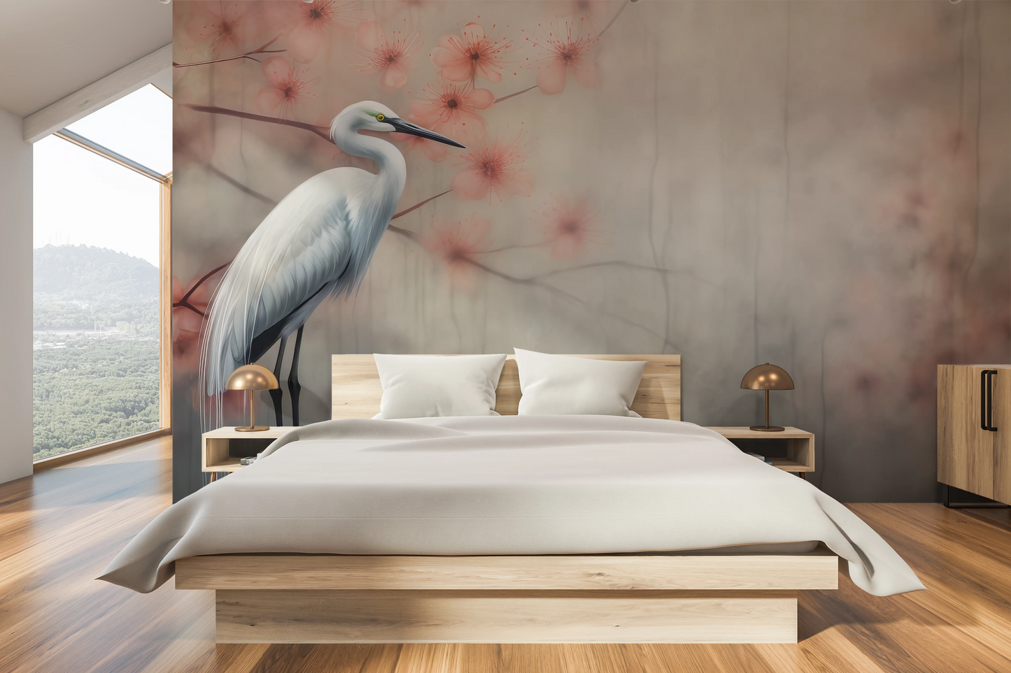 Zdjęcie prezentuje aranżację wnętrza z użyciem fototapety o nazwie Peaceful Heron pokazanej w aranżacji wnętrza.