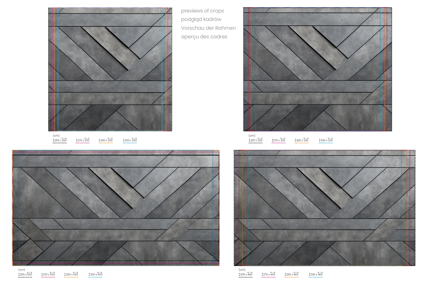 Na obrazie znajduje się prezentacja przykładowych rozmiarów fototapety o nazwie Geometric Weave. Rozmiar fototapety jest dowolny.