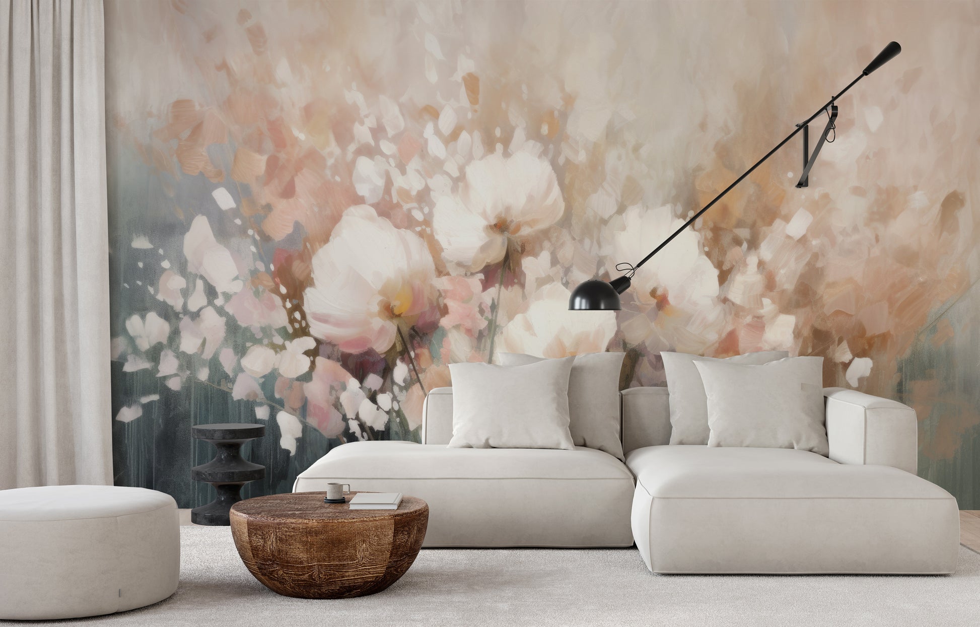 Fototapeta artystyczna o nazwie Misty Blossom Drift pokazana w aranżacji wnętrza.