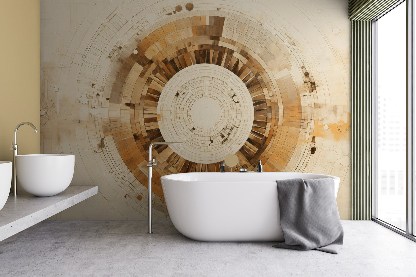 Wzór fototapety o nazwie ARCHITECTURAL ORBITAL DESIGN pokazanej w kontekście pomieszczenia.