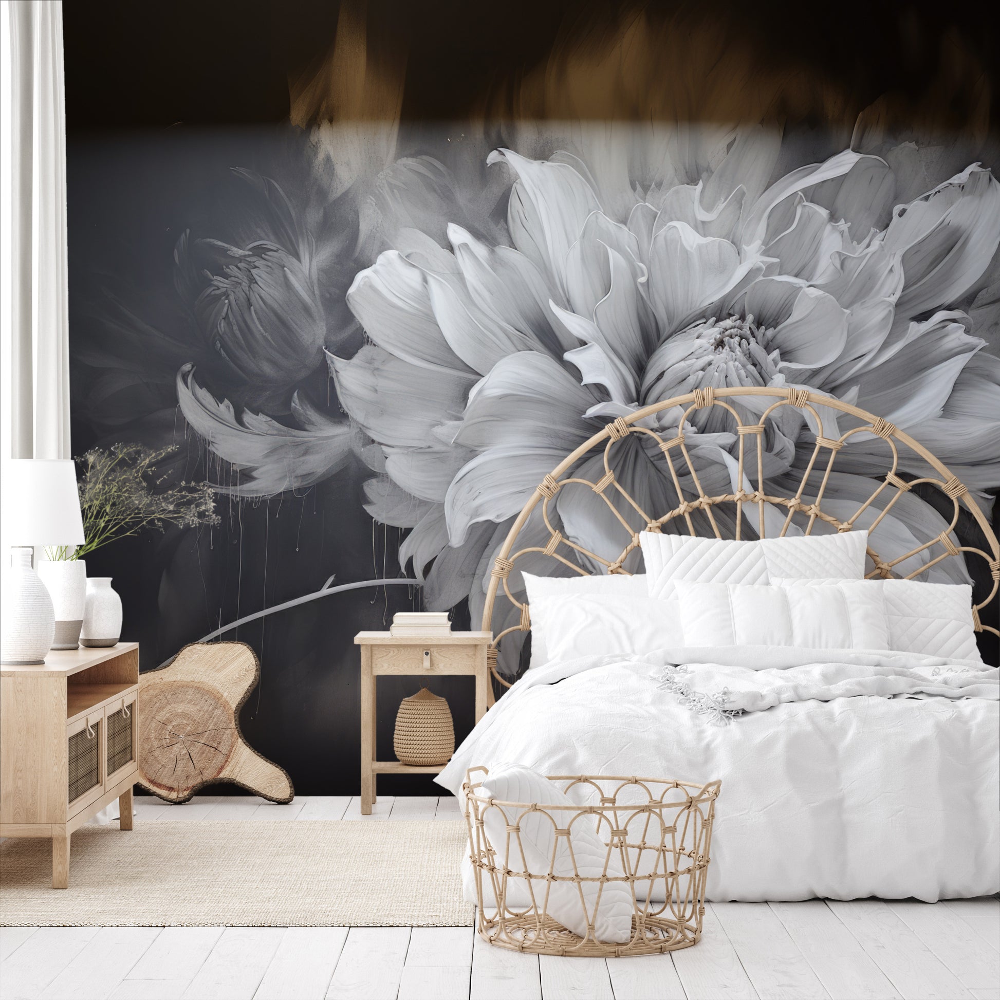 Wzór fototapety artystycznej o nazwie TWILIGHT FLORAL FANTASY pokazanej w aranżacji wnętrza.