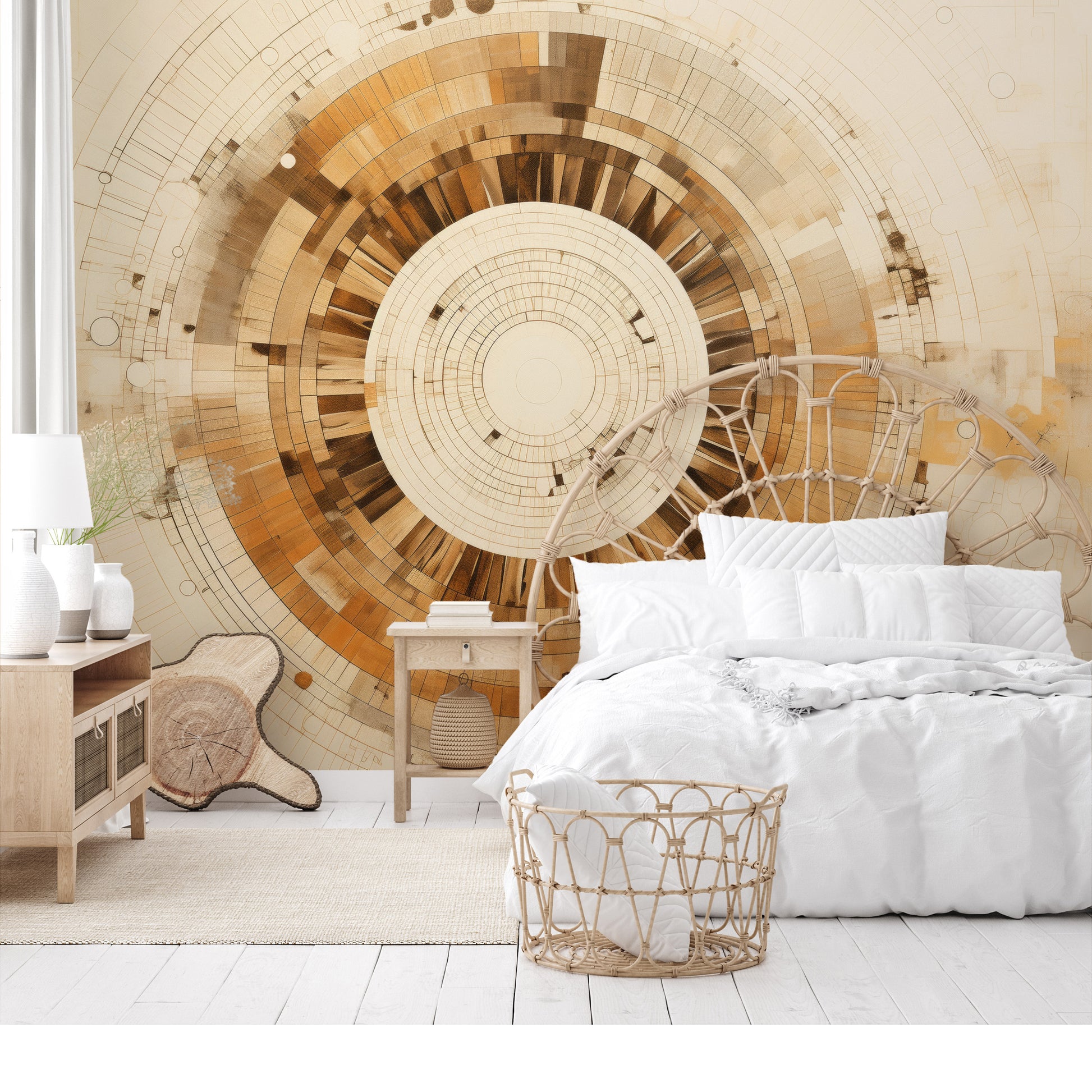 Wzór fototapety artystycznej o nazwie ARCHITECTURAL ORBITAL DESIGN pokazanej w aranżacji wnętrza.
