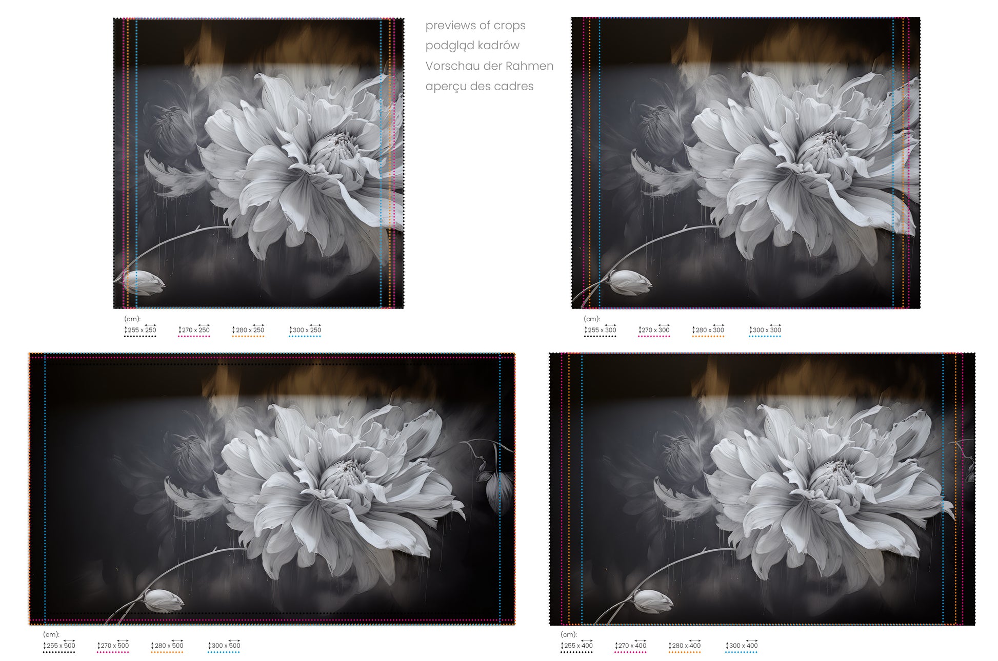Na obrazie znajduje się prezentacja przykładowych rozmiarów fototapety o nazwie TWILIGHT FLORAL FANTASY. Rozmiar fototapety jest dowolny.