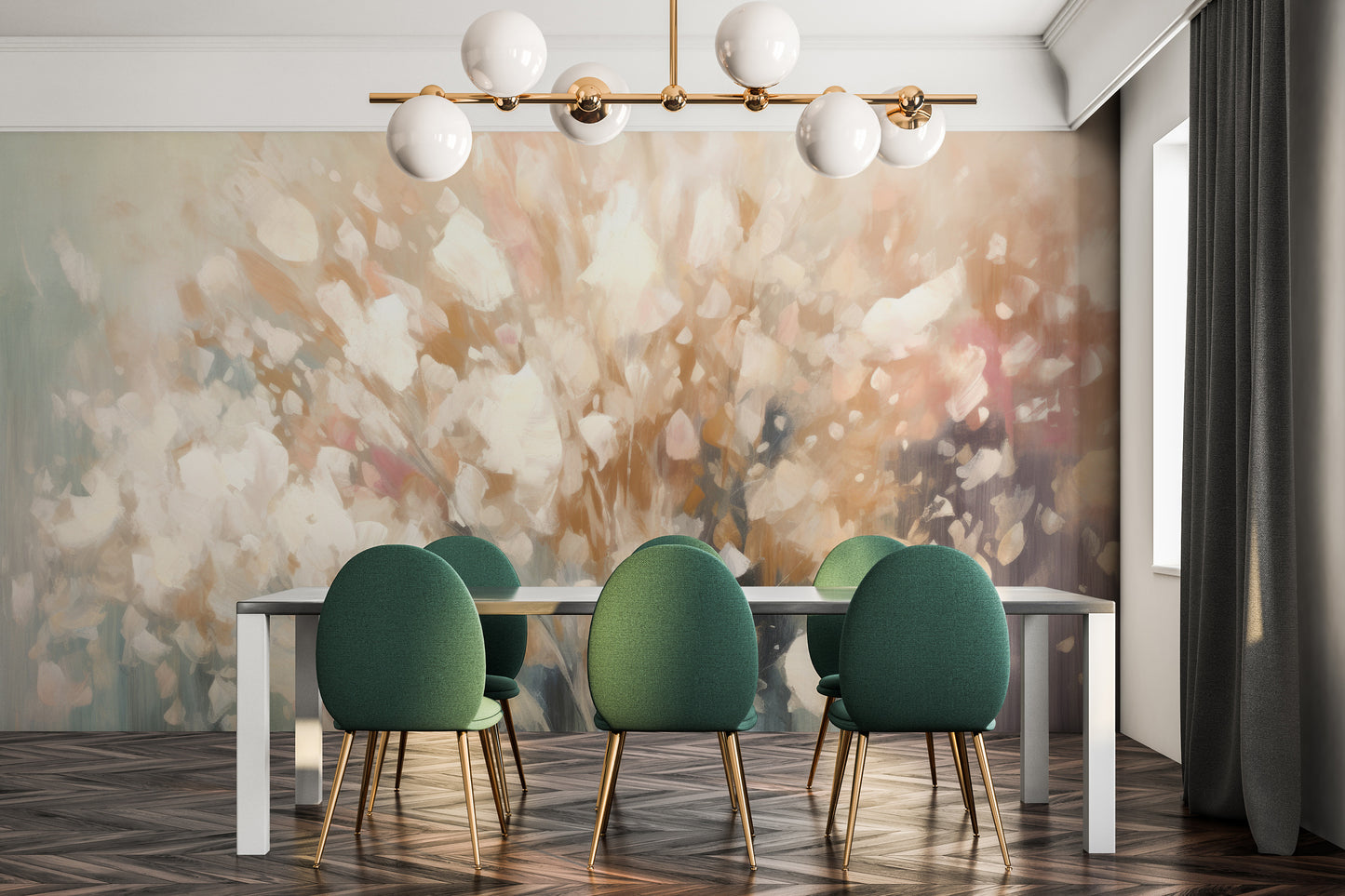 Wzór fototapety artystycznej o nazwie Golden Petal Glow pokazanej w aranżacji wnętrza.