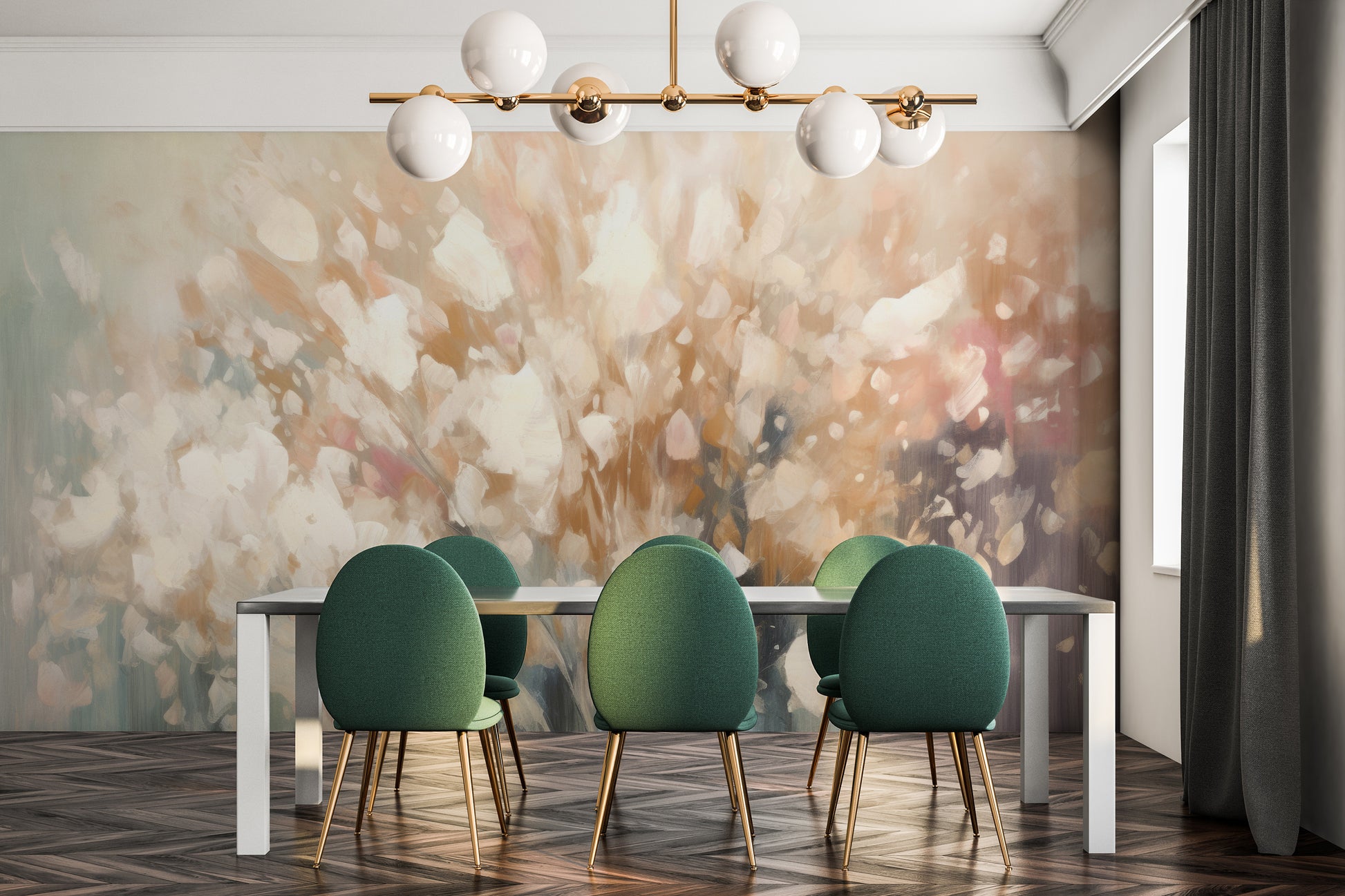 Wzór fototapety artystycznej o nazwie Golden Petal Glow pokazanej w aranżacji wnętrza.