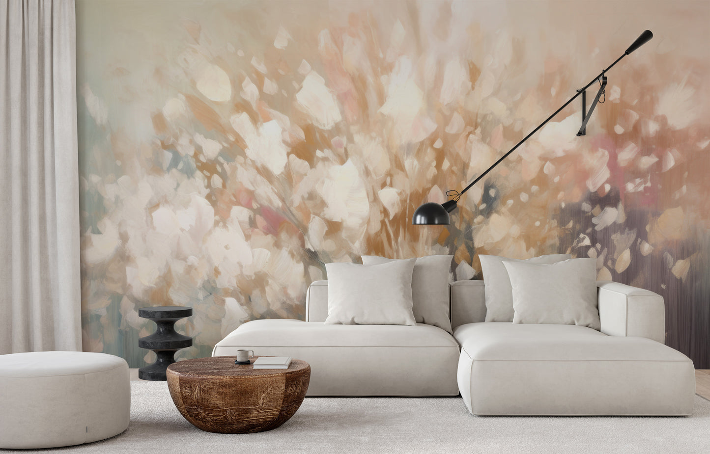 Wzór fototapety artystycznej o nazwie Golden Petal Glow pokazanej w aranżacji wnętrza.