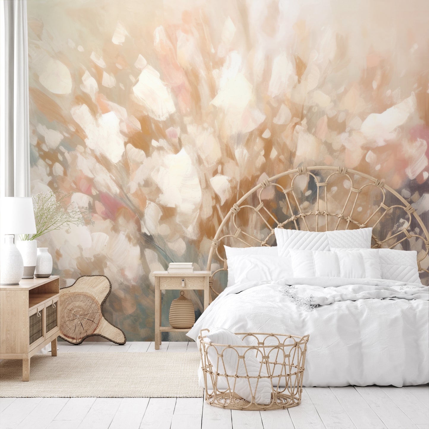 Wzór fototapety o nazwie Golden Petal Glow pokazanej w kontekście pomieszczenia.