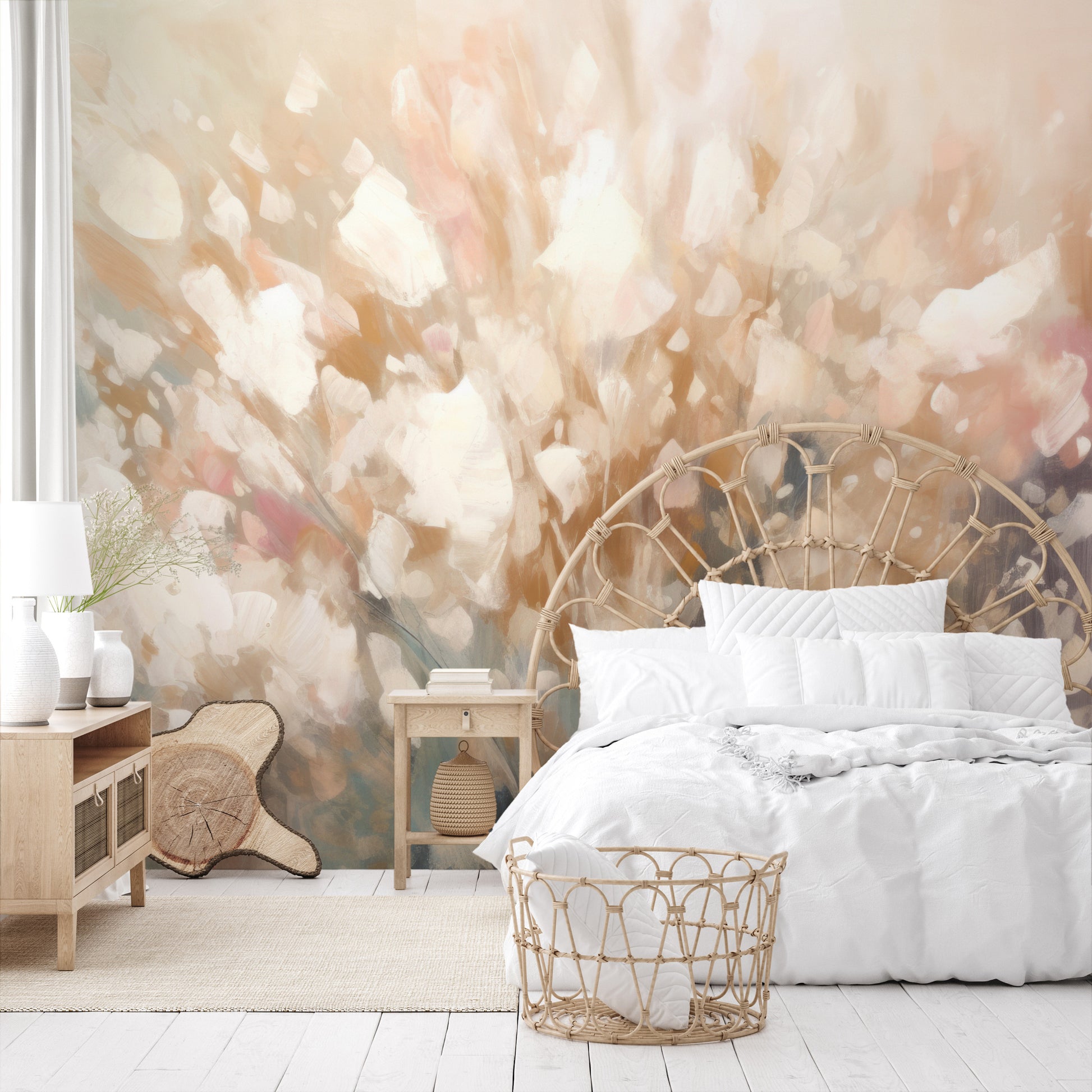 Wzór fototapety o nazwie Golden Petal Glow pokazanej w kontekście pomieszczenia.