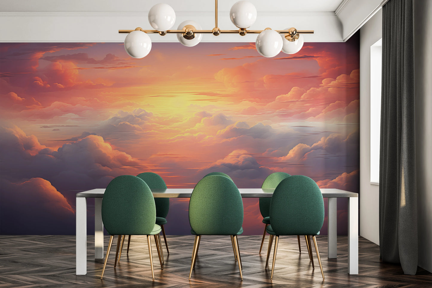 Wzór fototapety artystycznej o nazwie Fiery Skyline #2 pokazanej w aranżacji wnętrza.