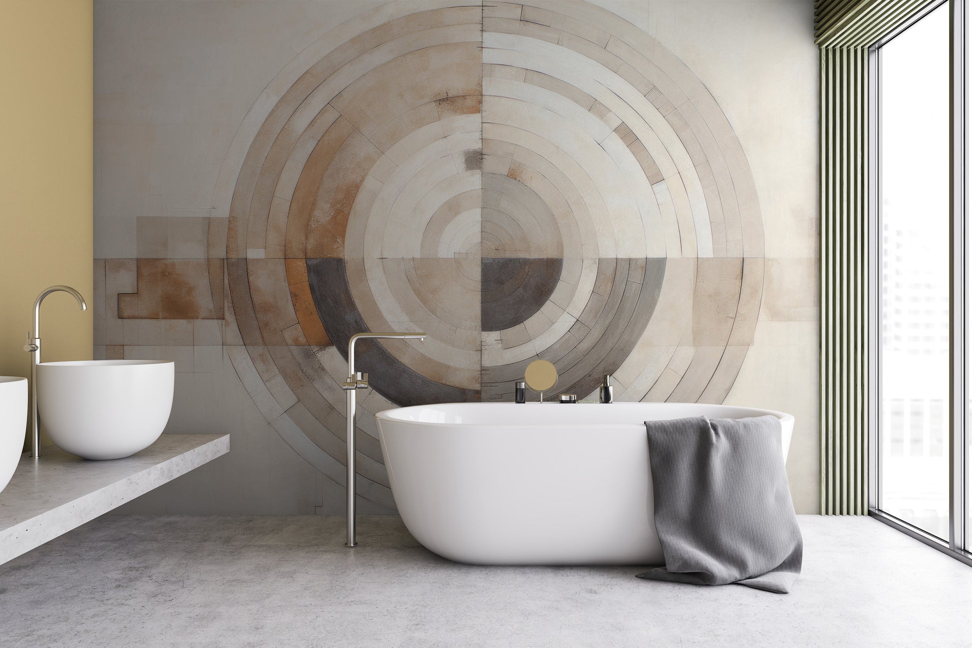 Zdjęcie prezentuje aranżację wnętrza z użyciem fototapety o nazwie MONOCHROME ECLIPSE ABSTRACTION pokazanej w aranżacji wnętrza.