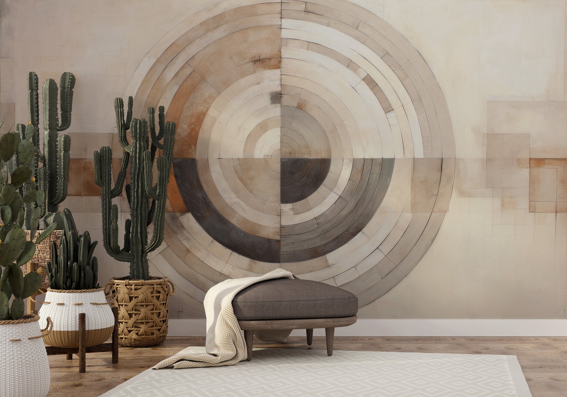 Wzór fototapety malowanej o nazwie MONOCHROME ECLIPSE ABSTRACTION pokazanej w aranżacji wnętrza.