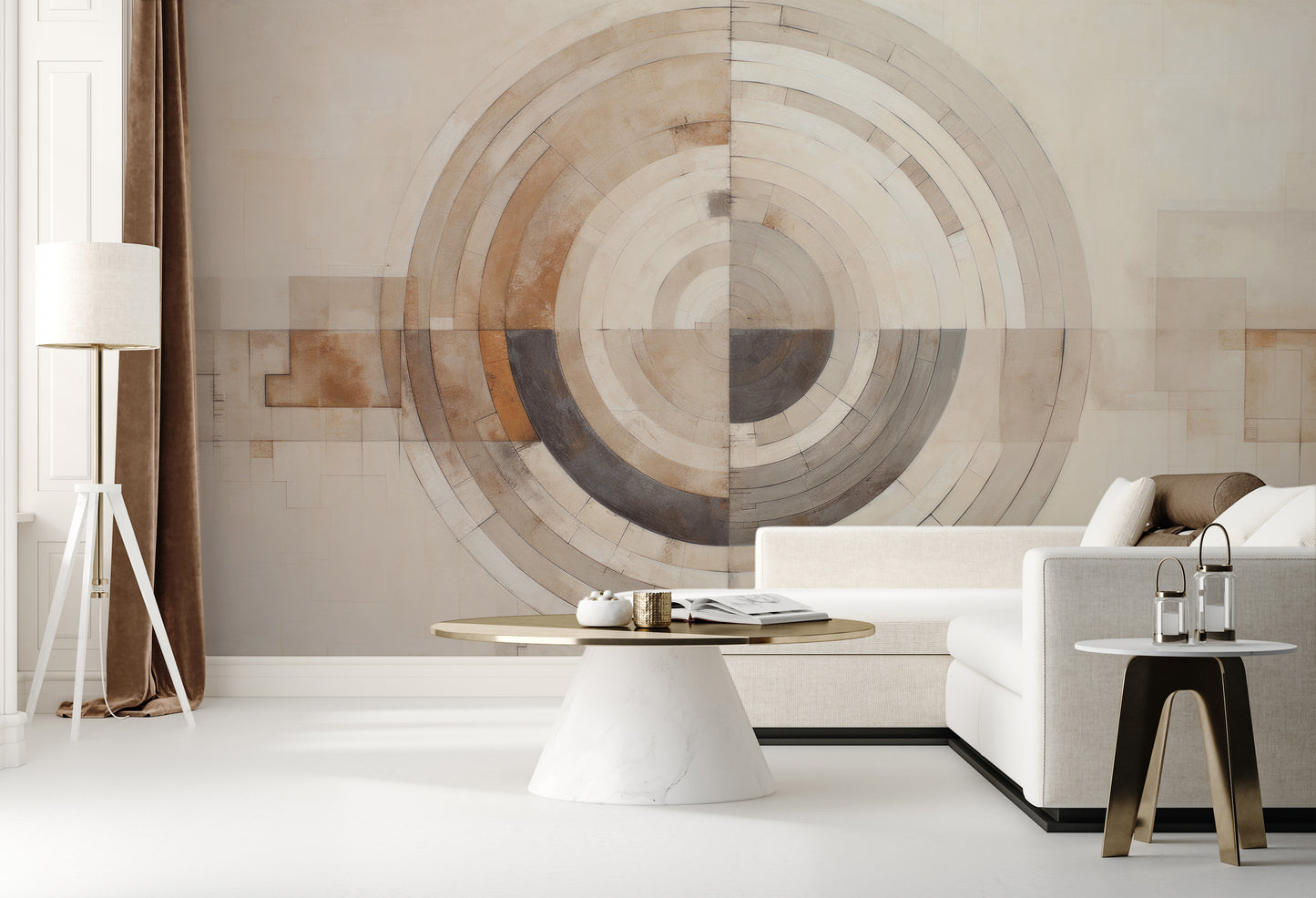 Wzór fototapety o nazwie MONOCHROME ECLIPSE ABSTRACTION pokazanej w kontekście pomieszczenia.