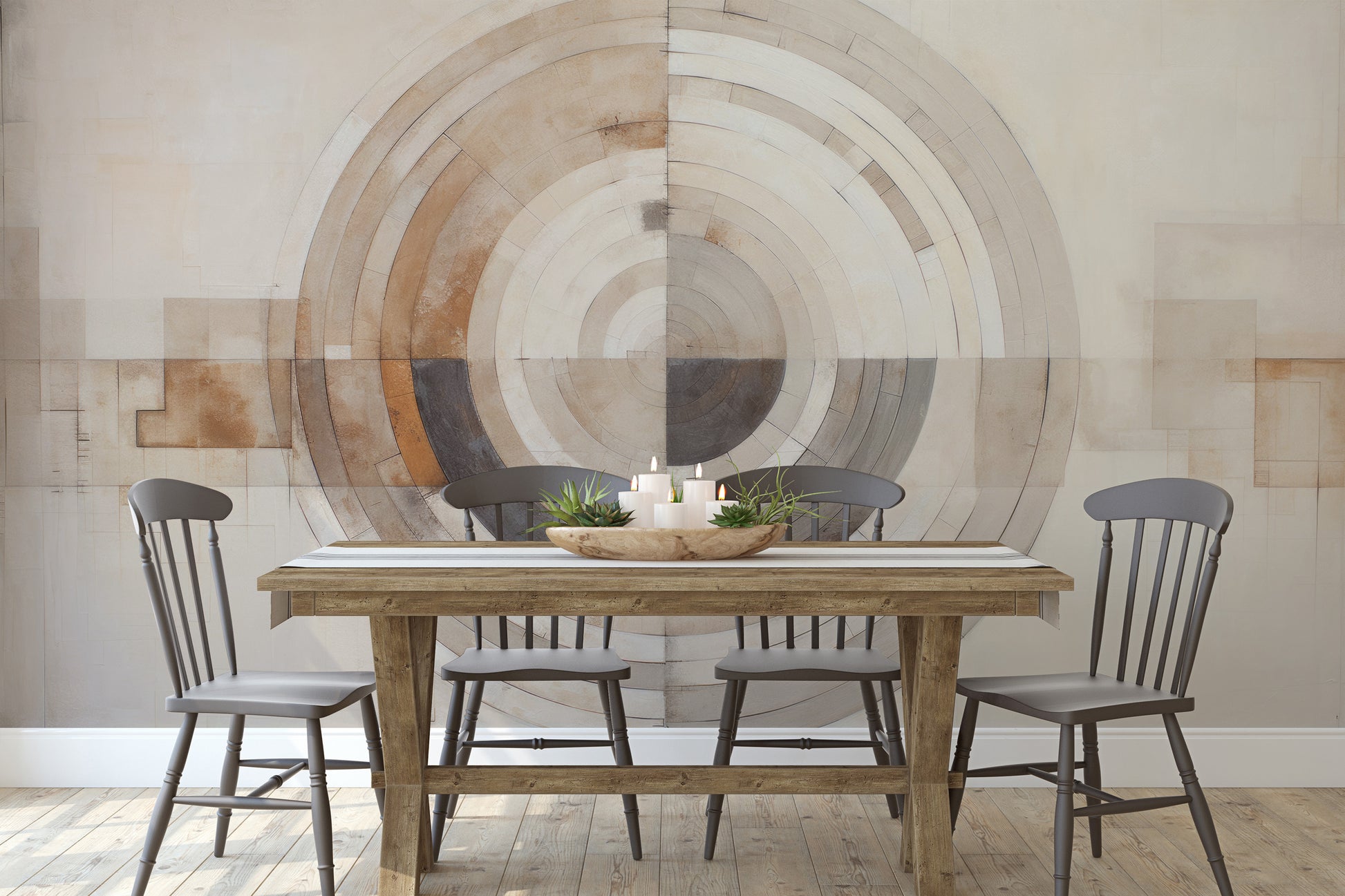 Wzór fototapety artystycznej o nazwie MONOCHROME ECLIPSE ABSTRACTION pokazanej w aranżacji wnętrza.