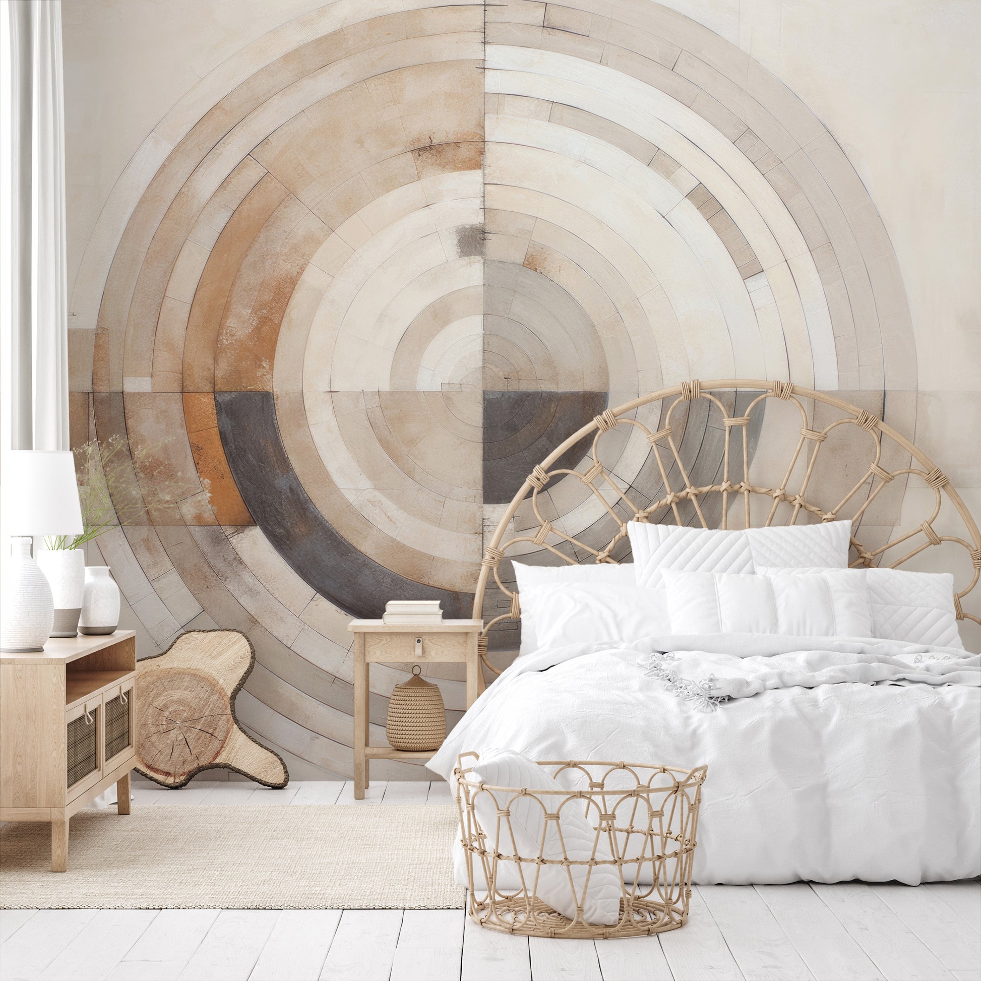 Wzór fototapety artystycznej o nazwie MONOCHROME ECLIPSE ABSTRACTION pokazanej w aranżacji wnętrza.