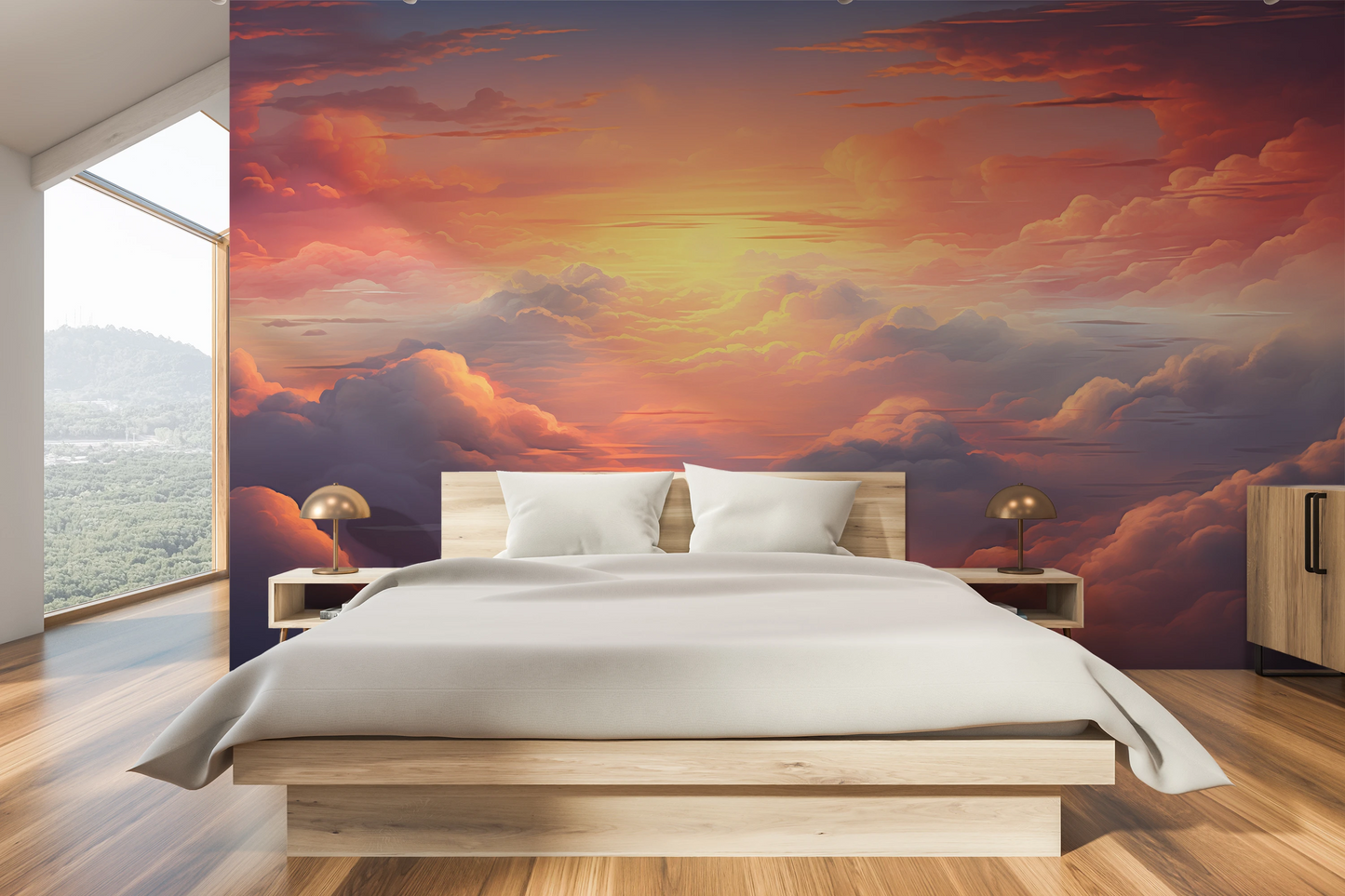 Zdjęcie prezentuje aranżację wnętrza z użyciem fototapety o nazwie Fiery Skyline #2 pokazanej w aranżacji wnętrza.